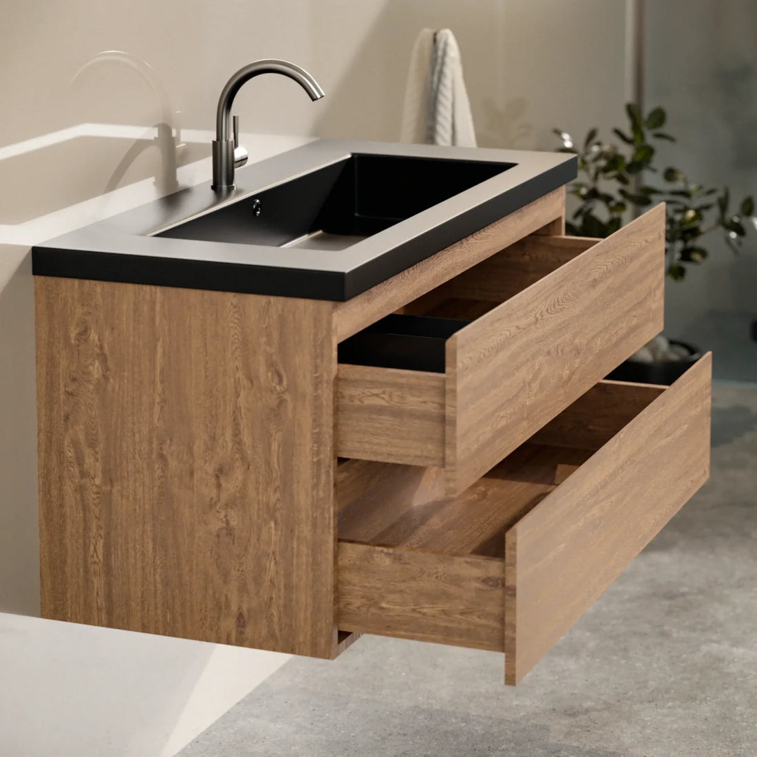 Meuble de salle de bain Sena - 100 cm - Chêne Chaud - Lavabo Noir