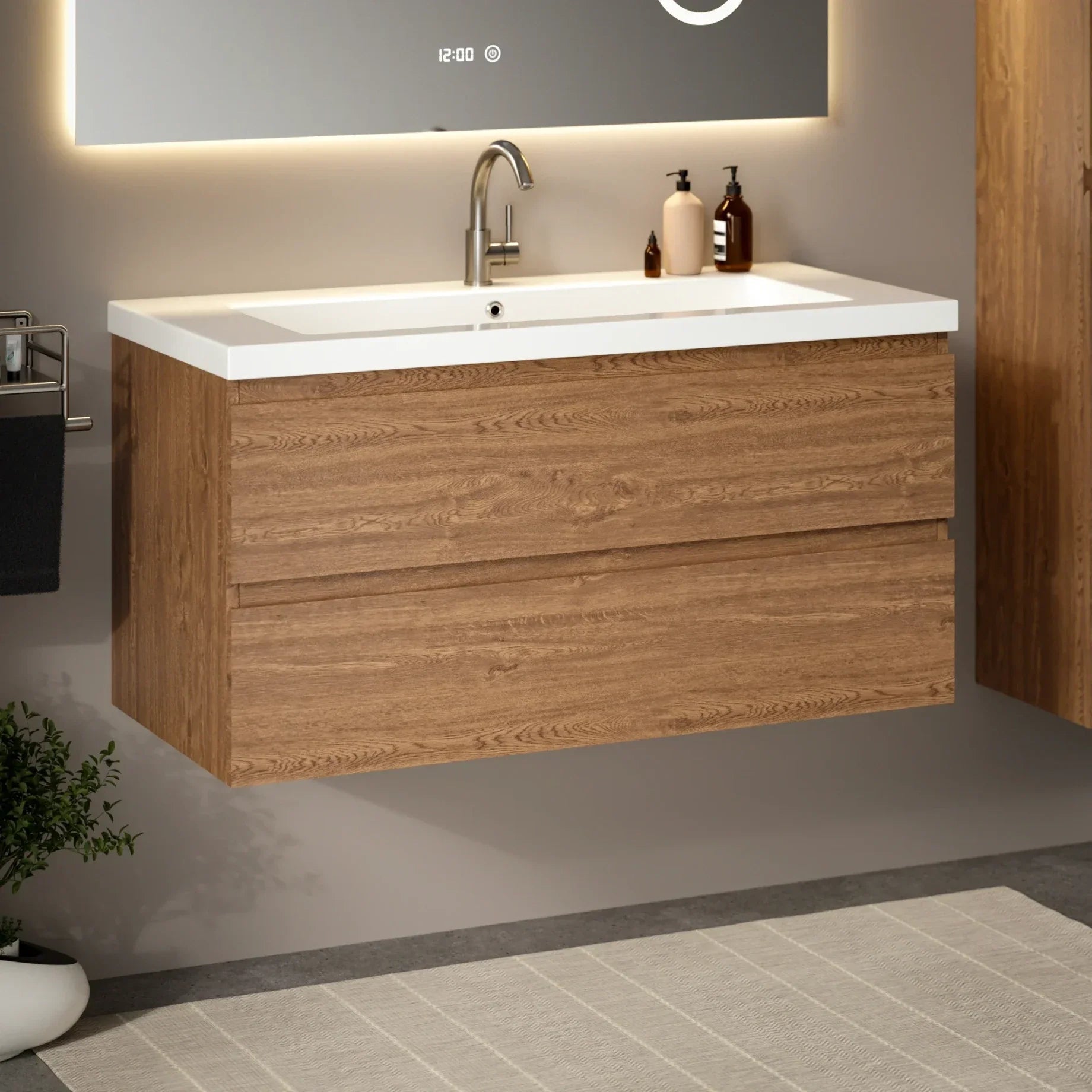 Ensemble meuble vasque Valento – 100 cm – Chêne Chaud – Lavabo Blanc