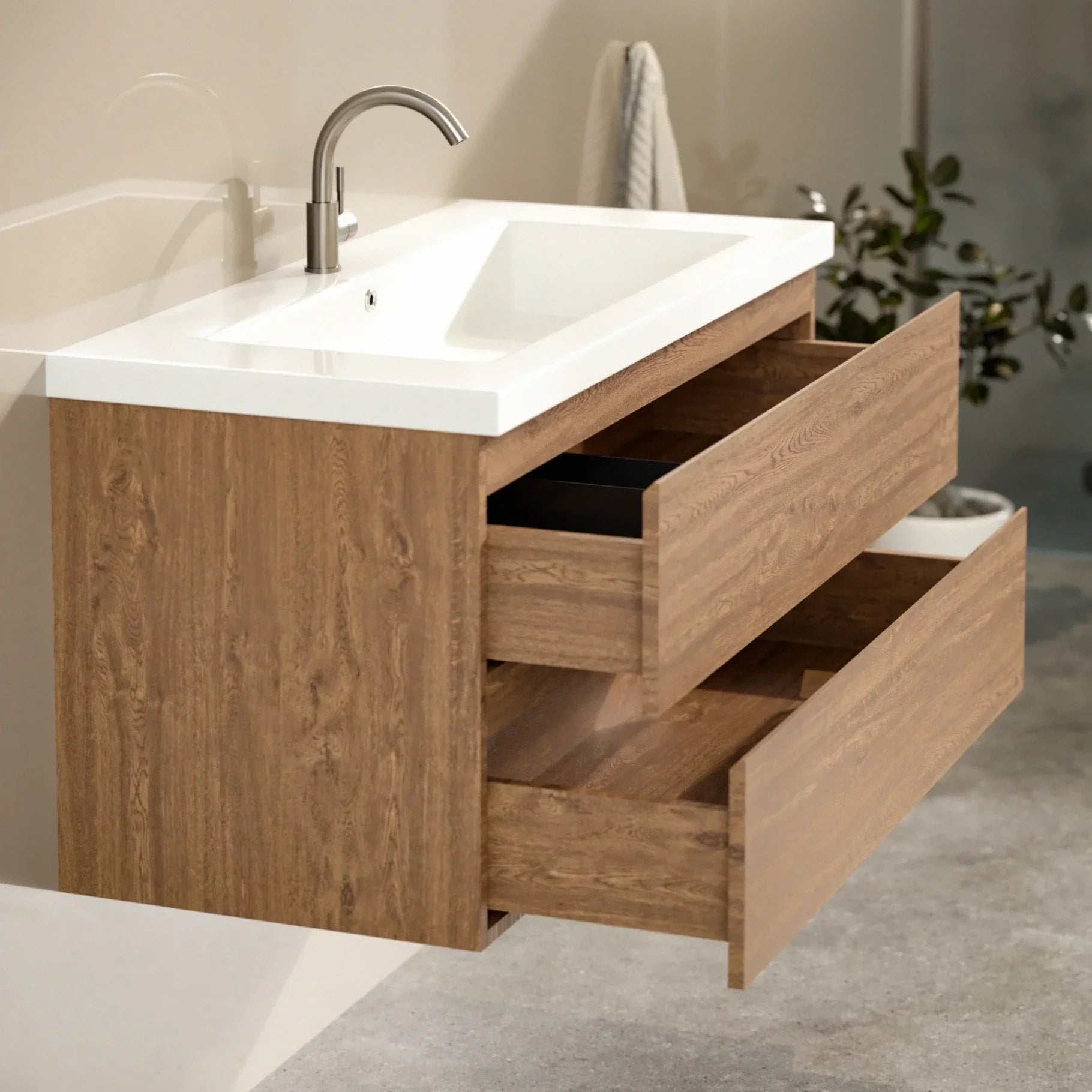 Meuble de salle de bain Sena - 100 cm - Chêne chaud - Vasque blanche - Précommander