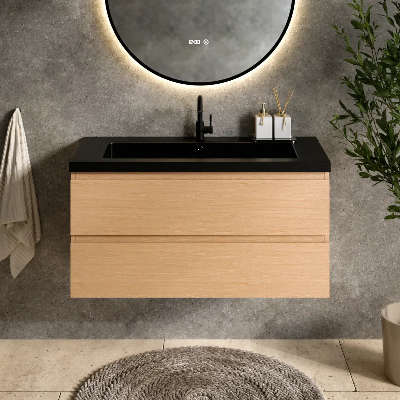 Ensemble meuble vasque Monaco – 100 cm – Chêne Clair – Lavabo Noir - Précommander