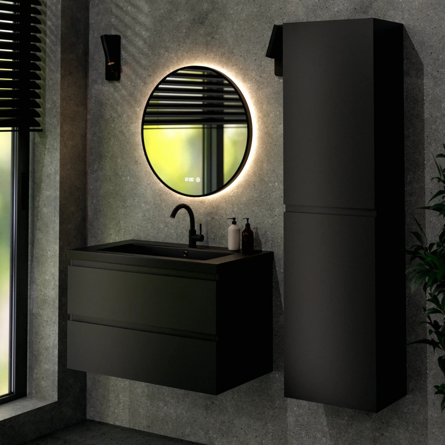 Meuble de salle de bain Sova - 80 cm - Noir mat - Vasque noire - Précommander