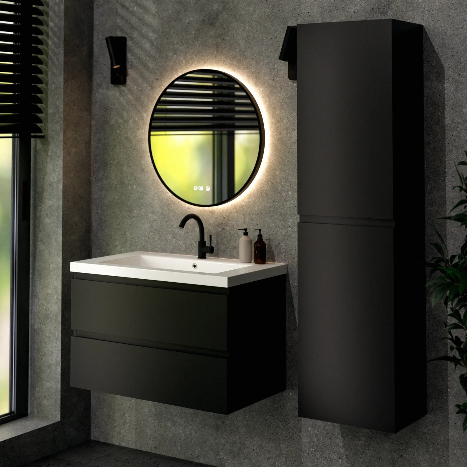 Meuble de salle de bain Sova - 80 cm - Noir mat - Vasque blanche