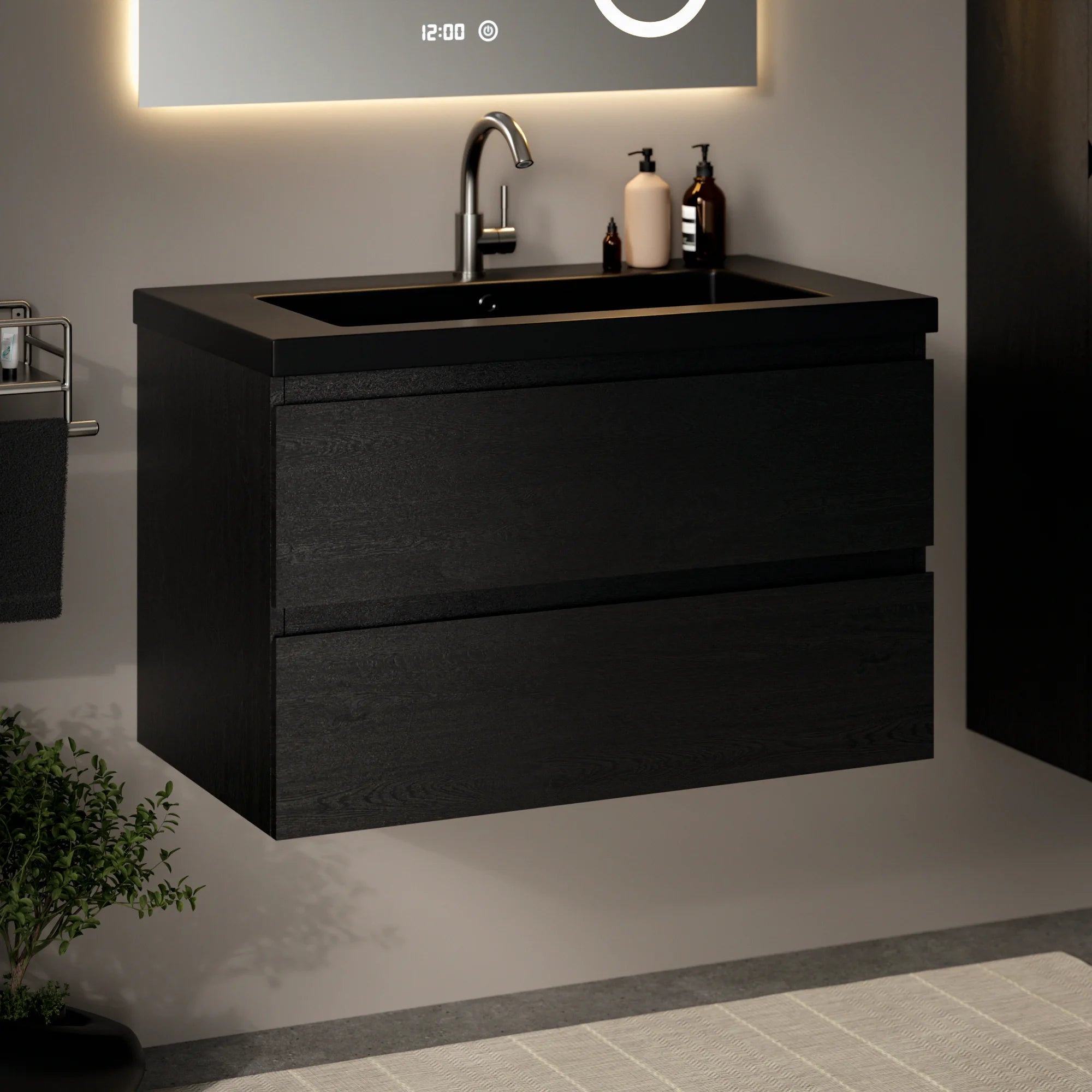 Meuble de salle de bain Sova - 80 cm - Chêne noir - Vasque noire