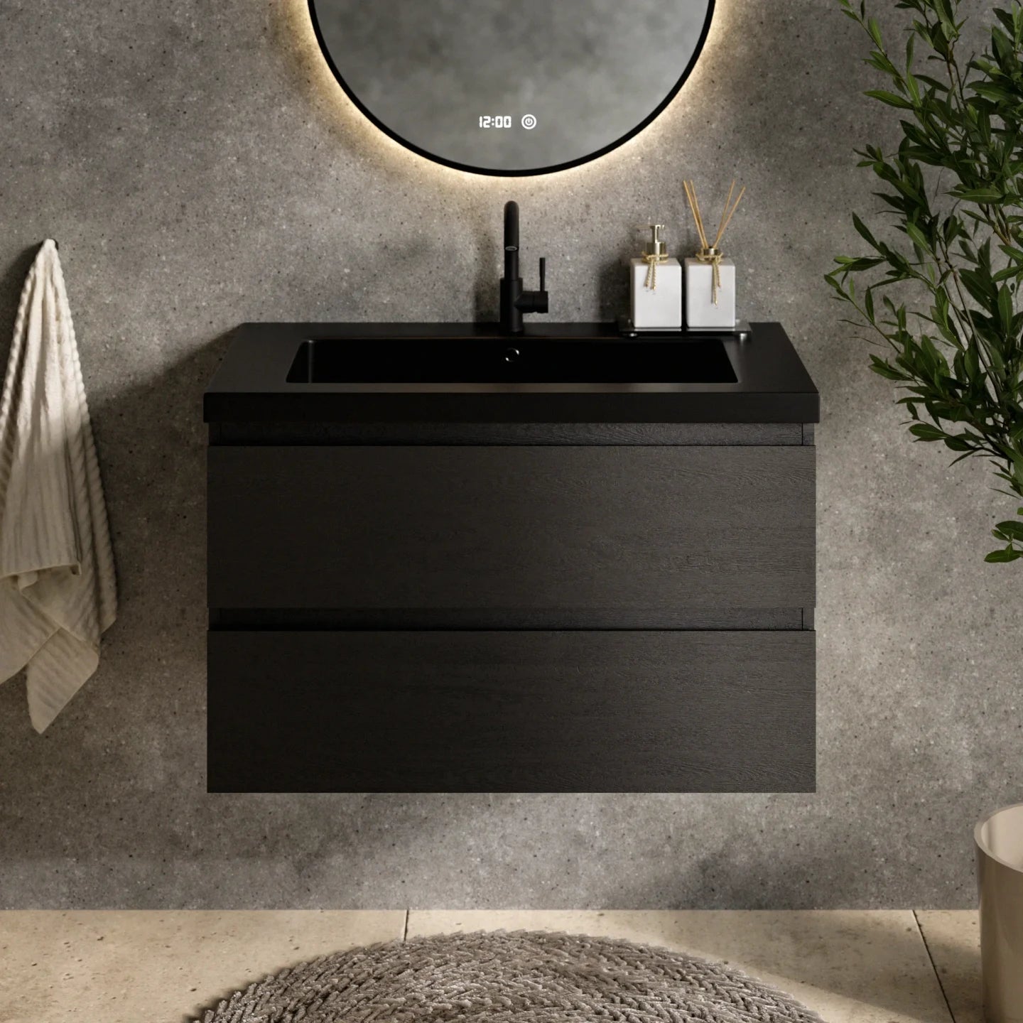 Meuble de salle de bain Sova - 80 cm - Chêne noir - Vasque noire
