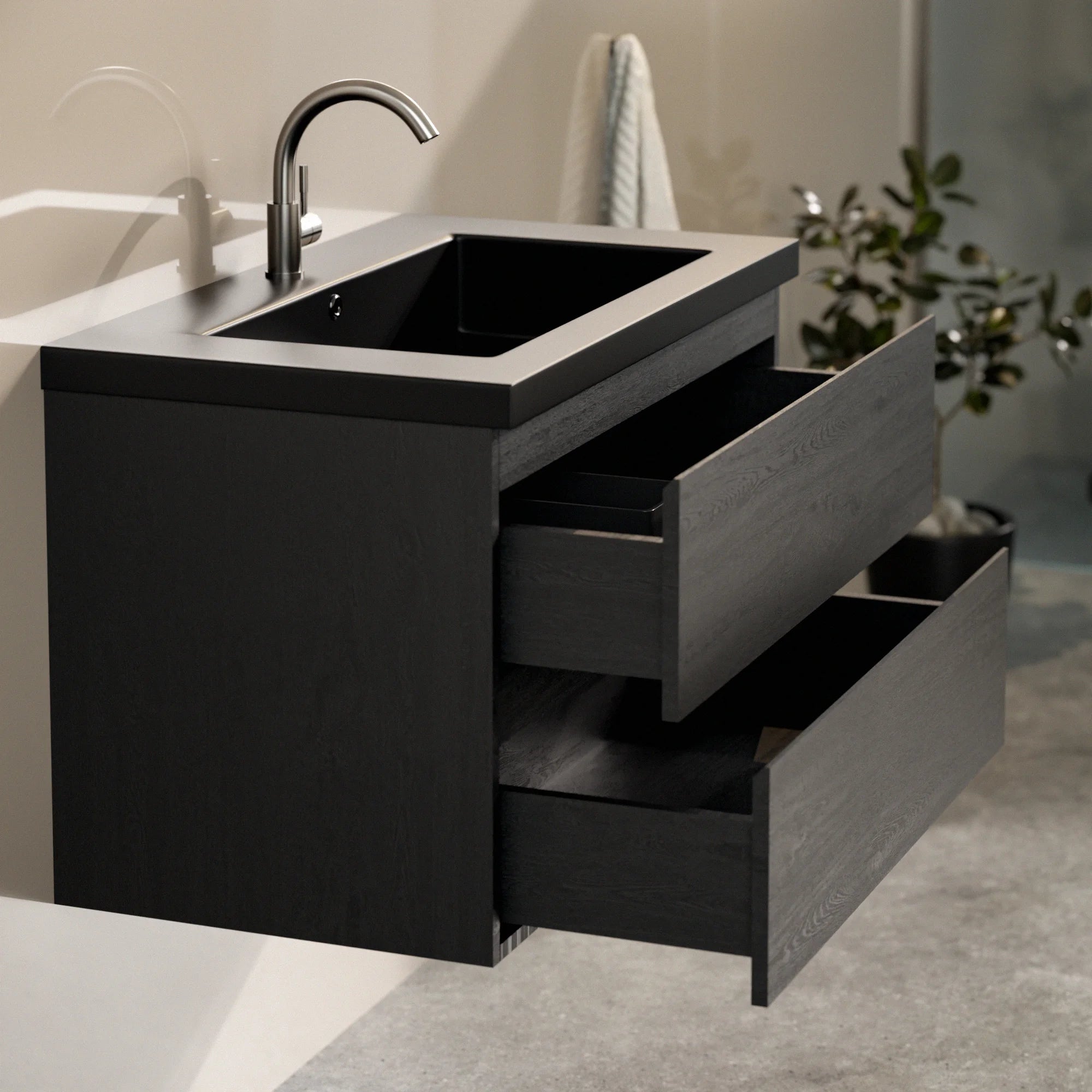 Meuble de salle de bain Sova - 80 cm - Chêne noir - Vasque noire
