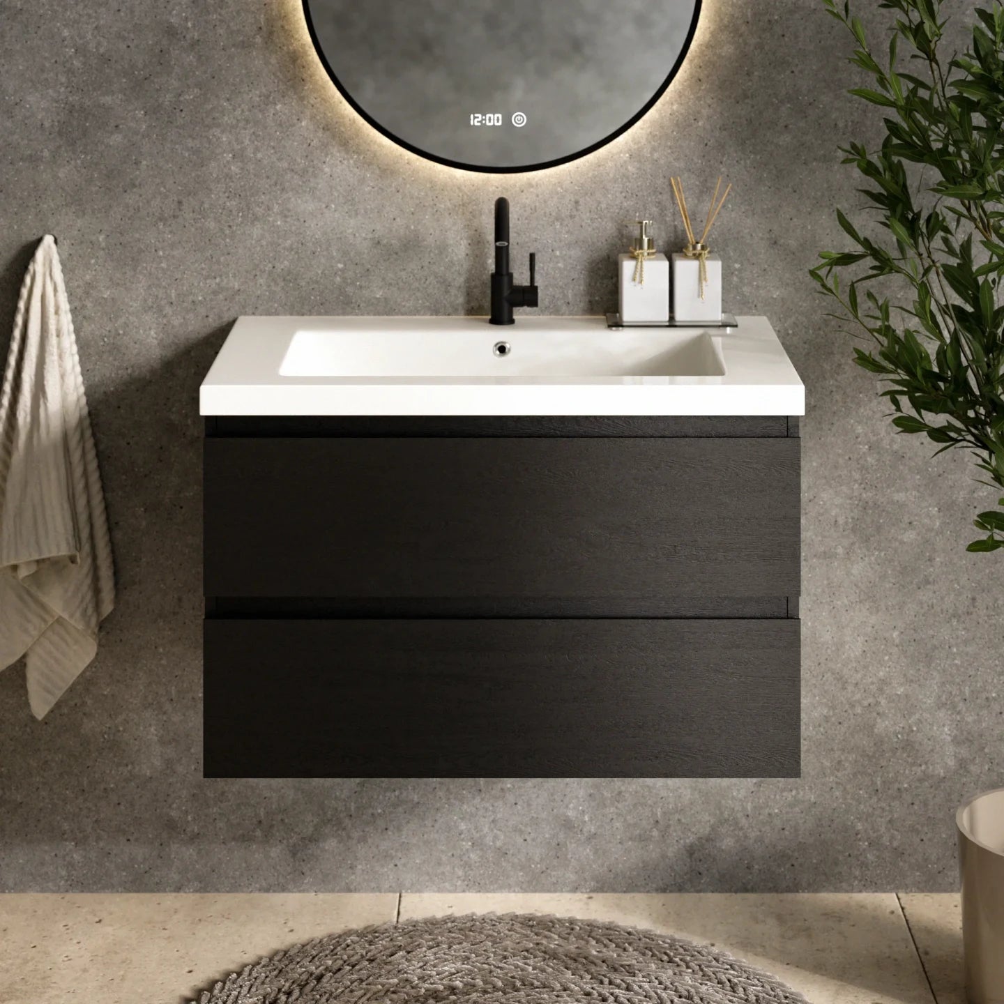 Meuble de salle de bain Sova - 80 cm - Chêne noir - Vasque blanche - Précommander