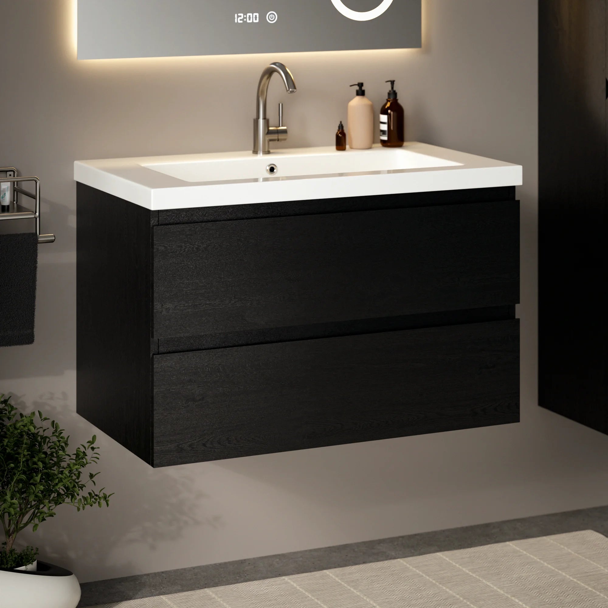 Meuble de salle de bain Sova - 80 cm - Chêne noir - Vasque blanche - Précommander