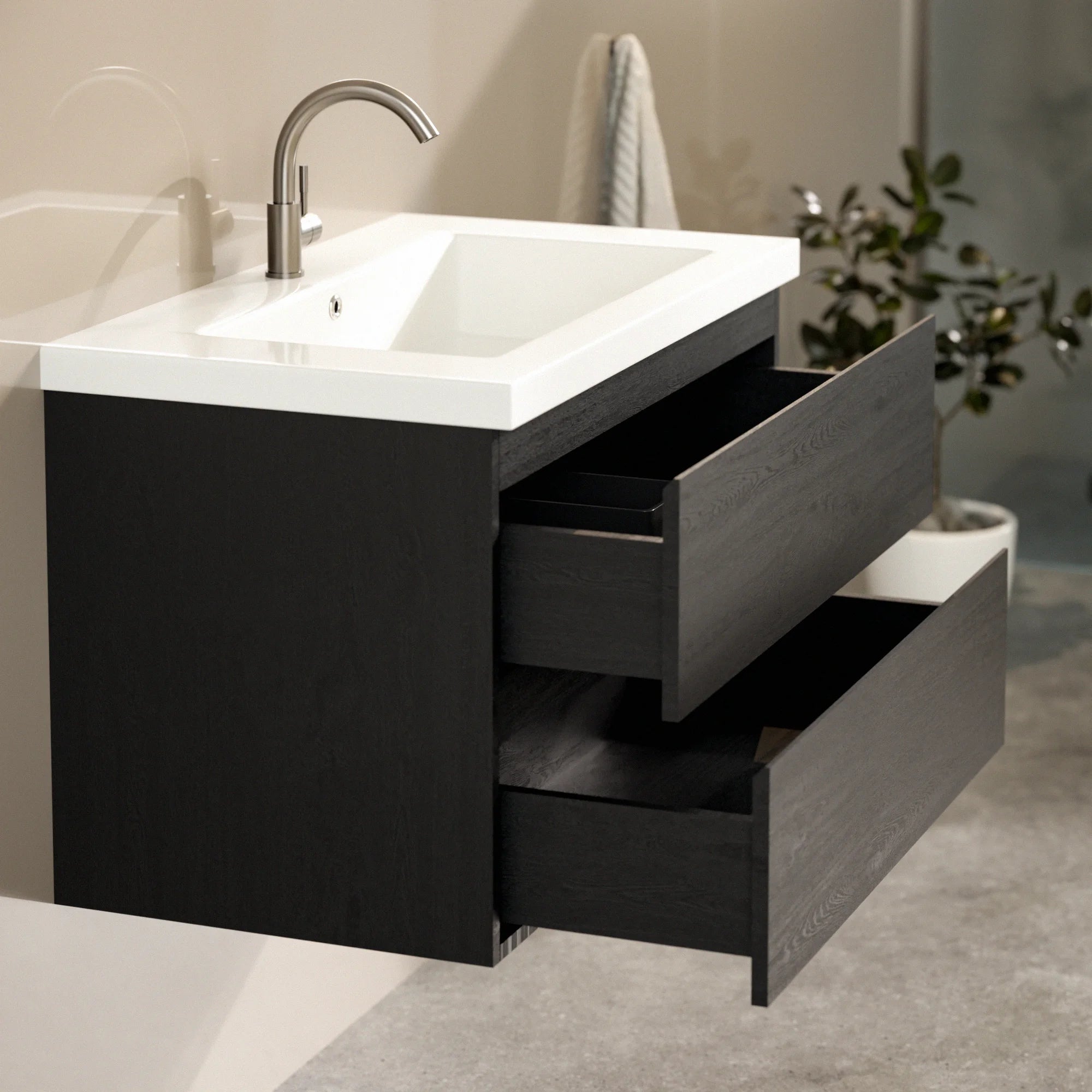 Meuble de salle de bain Sova - 80 cm - Chêne noir - Vasque blanche - Précommander