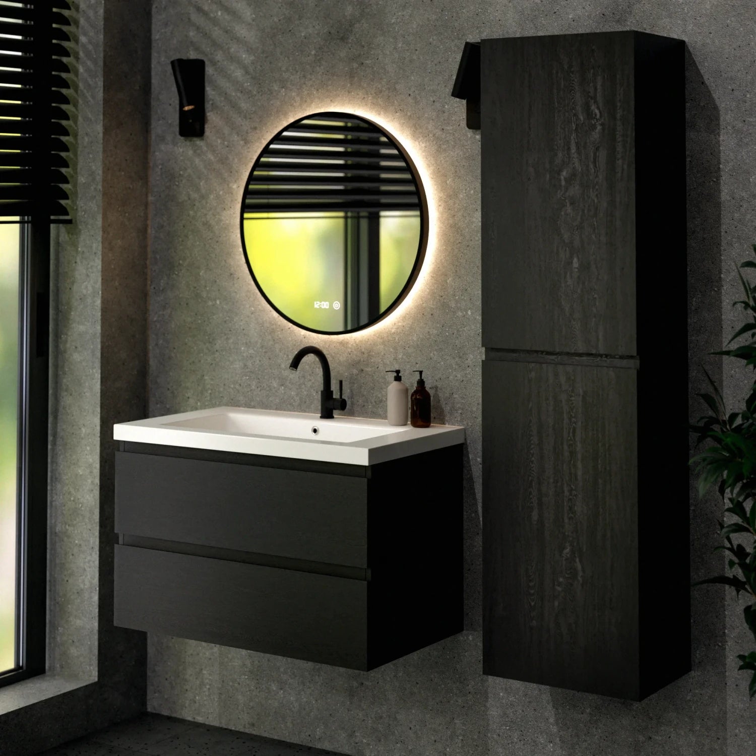 Meuble de salle de bain Sova - 80 cm - Chêne noir - Vasque blanche - Précommander