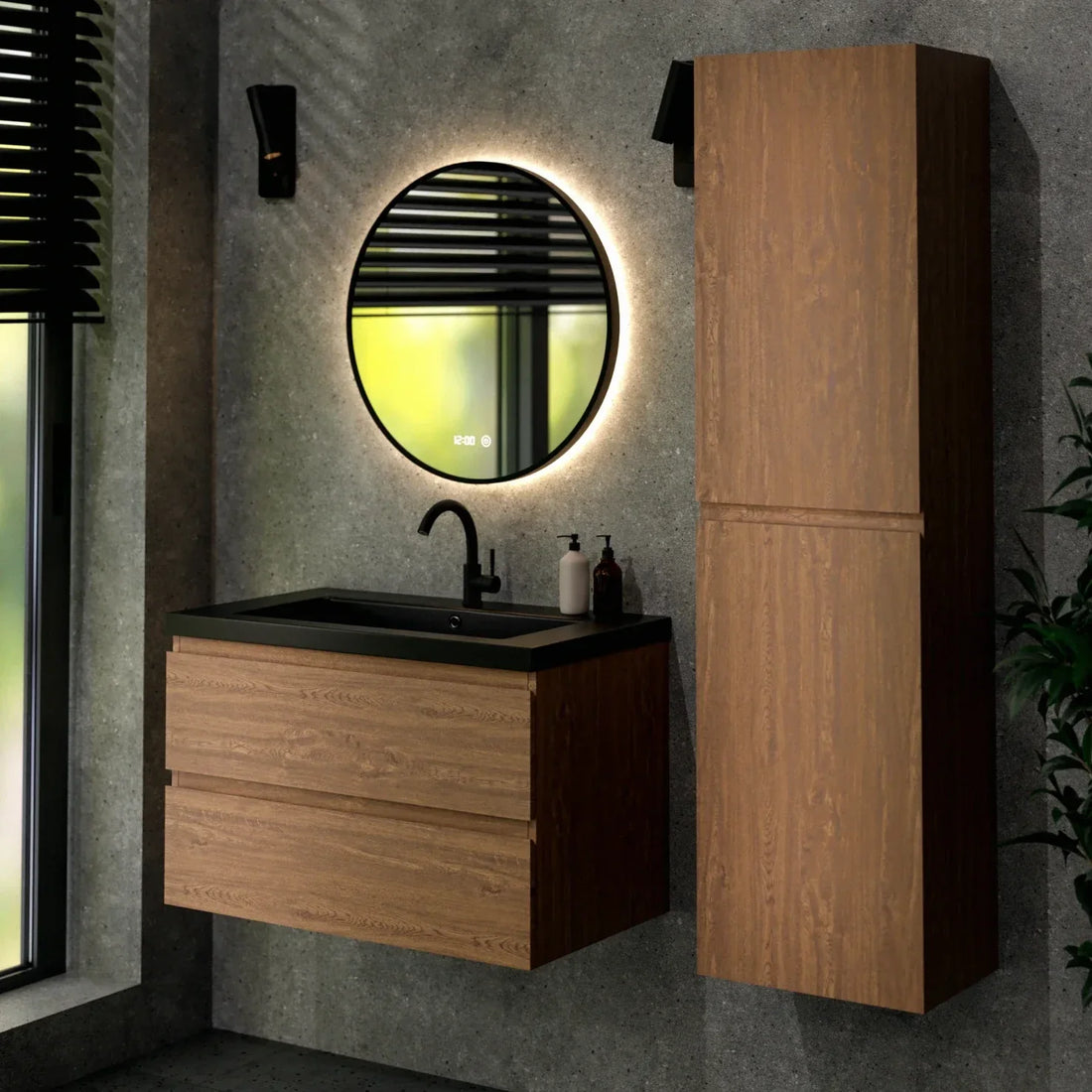 Ensemble de Meubles de salle de bain Verona – 80 cm – Chene Chaud – Lavabo Noir