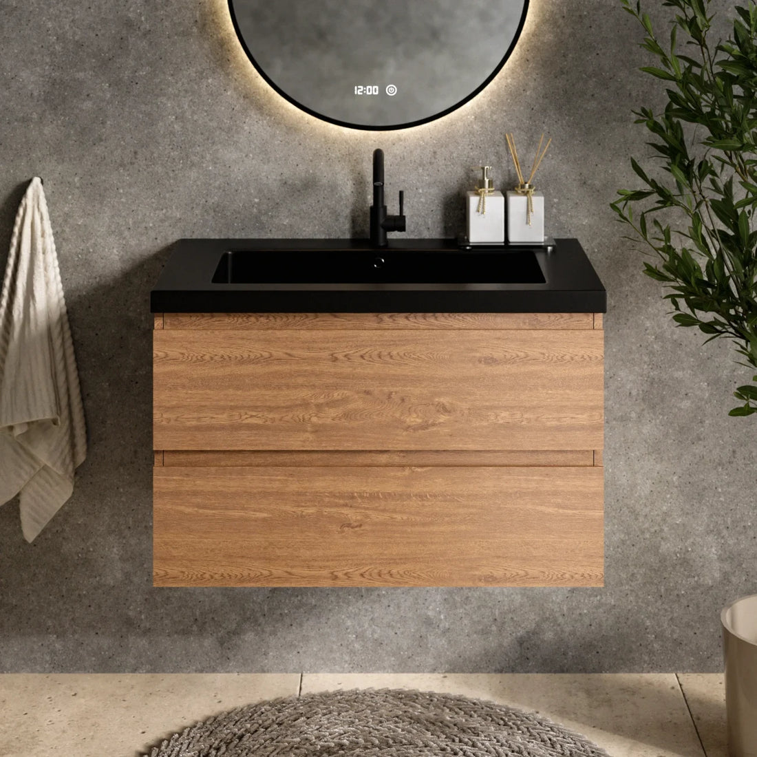 Meuble de salle de bain Sova - 80 cm - Chêne Chaud - Lavabo Noir