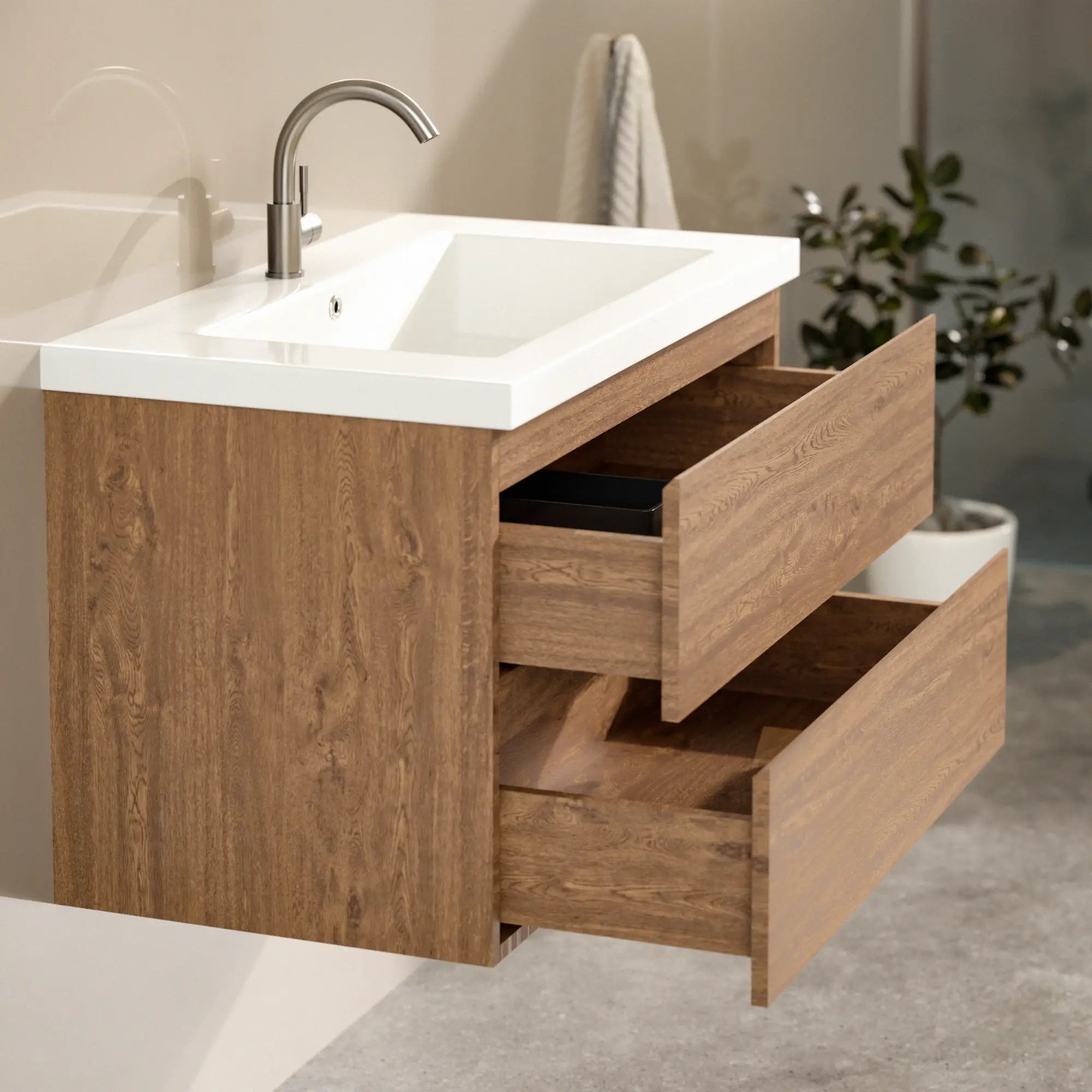 Meuble de salle de bain Sova - 80 cm - Chêne chaud - Vasque blanche