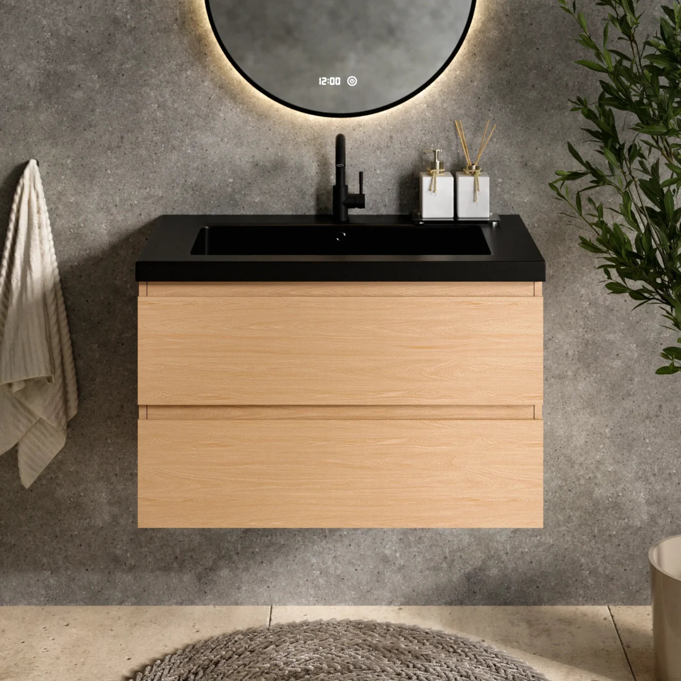 Meuble de salle de bain Sova - 80 cm - Chêne clair - Vasque noire