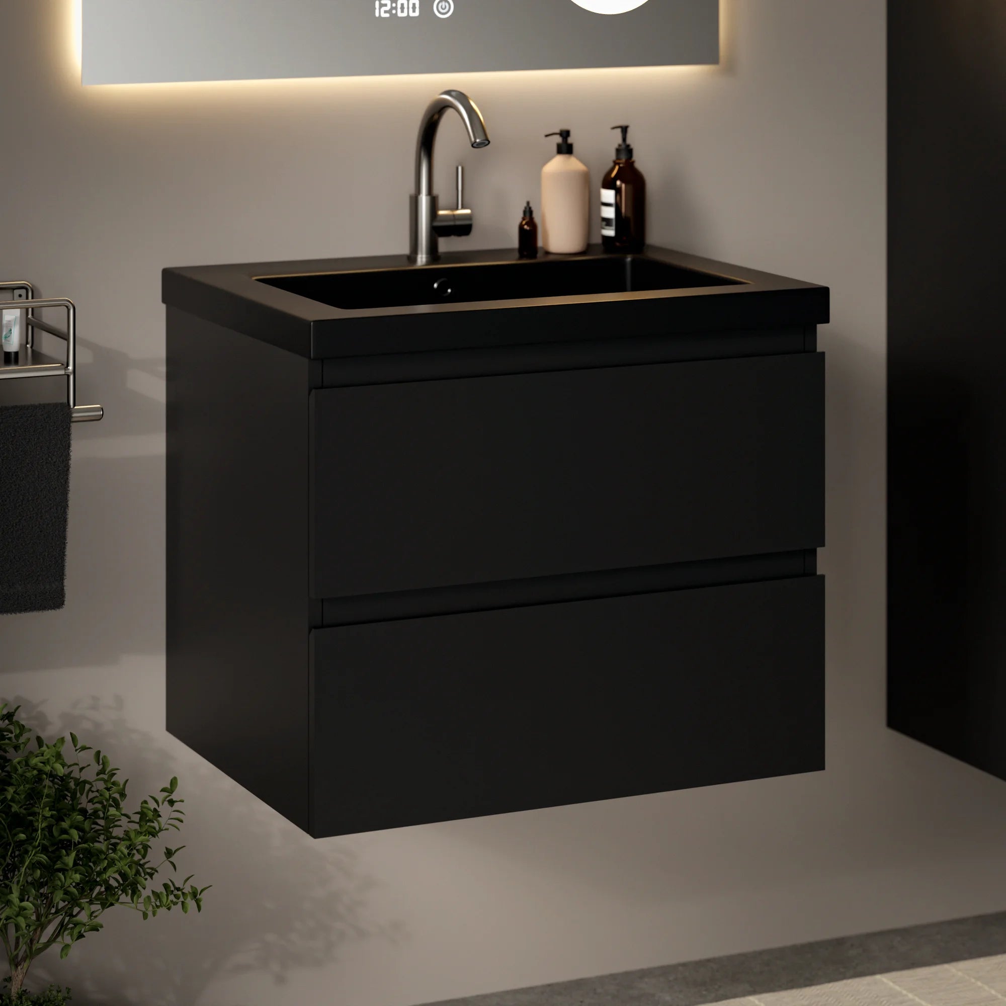 Meuble de salle de bain Karo - 60 cm - Noir mat - Vasque noire