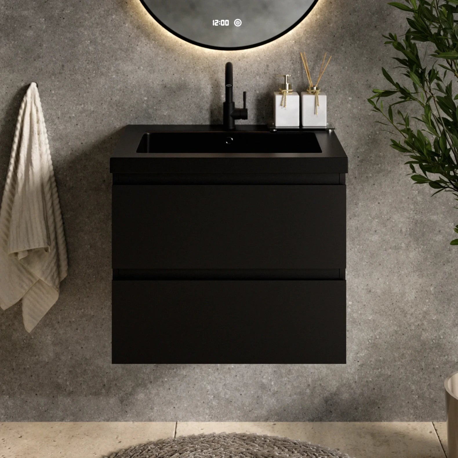 Meuble de salle de bain Karo - 60 cm - Noir mat - Vasque noire