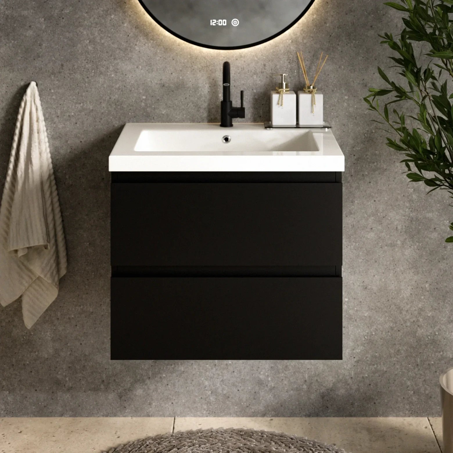 Ensemble meuble vasque Lunaro – 60 cm – Noir Mat – Lavabo Blanc