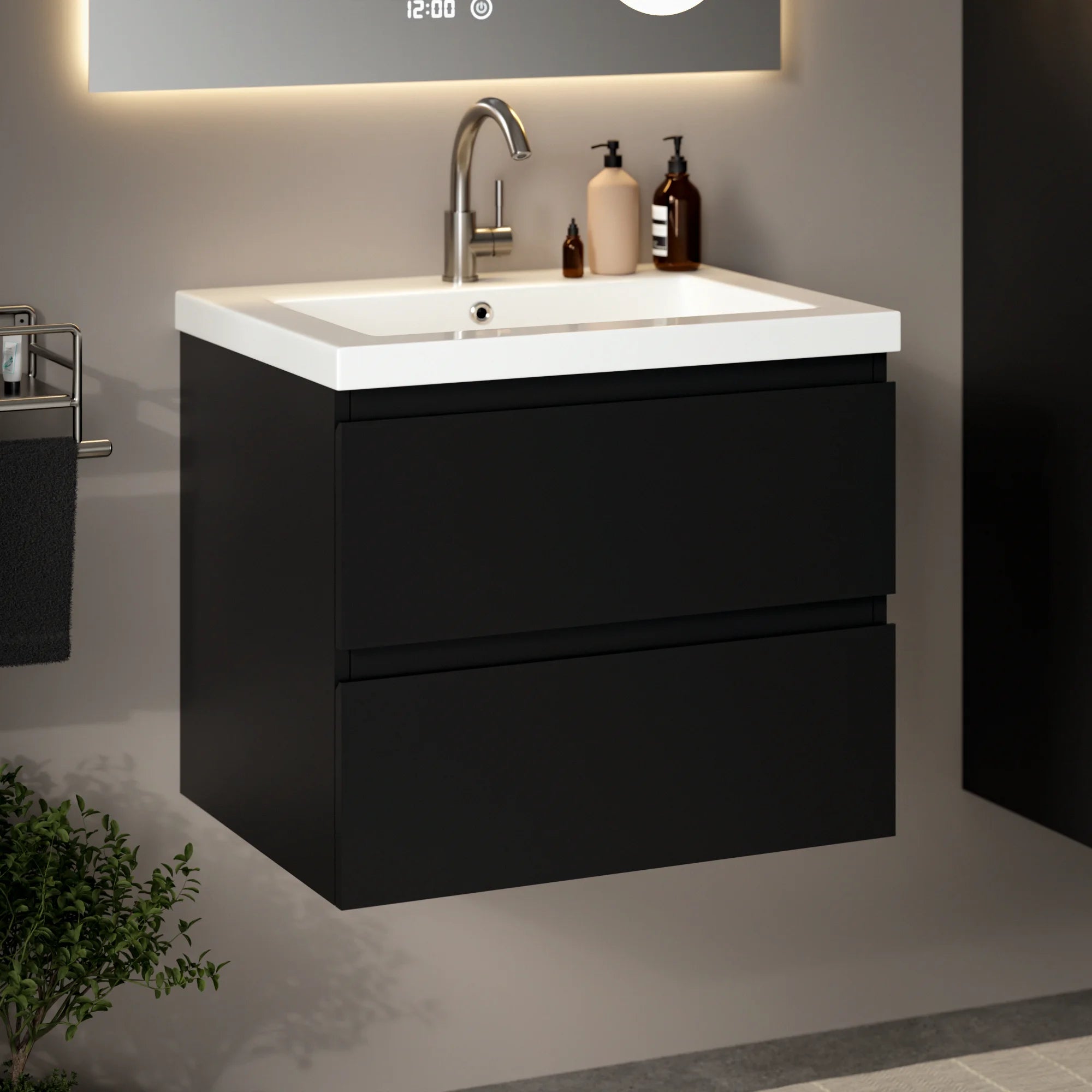 Meuble de salle de bain Karo - 60 cm - Noir mat - Vasque blanche