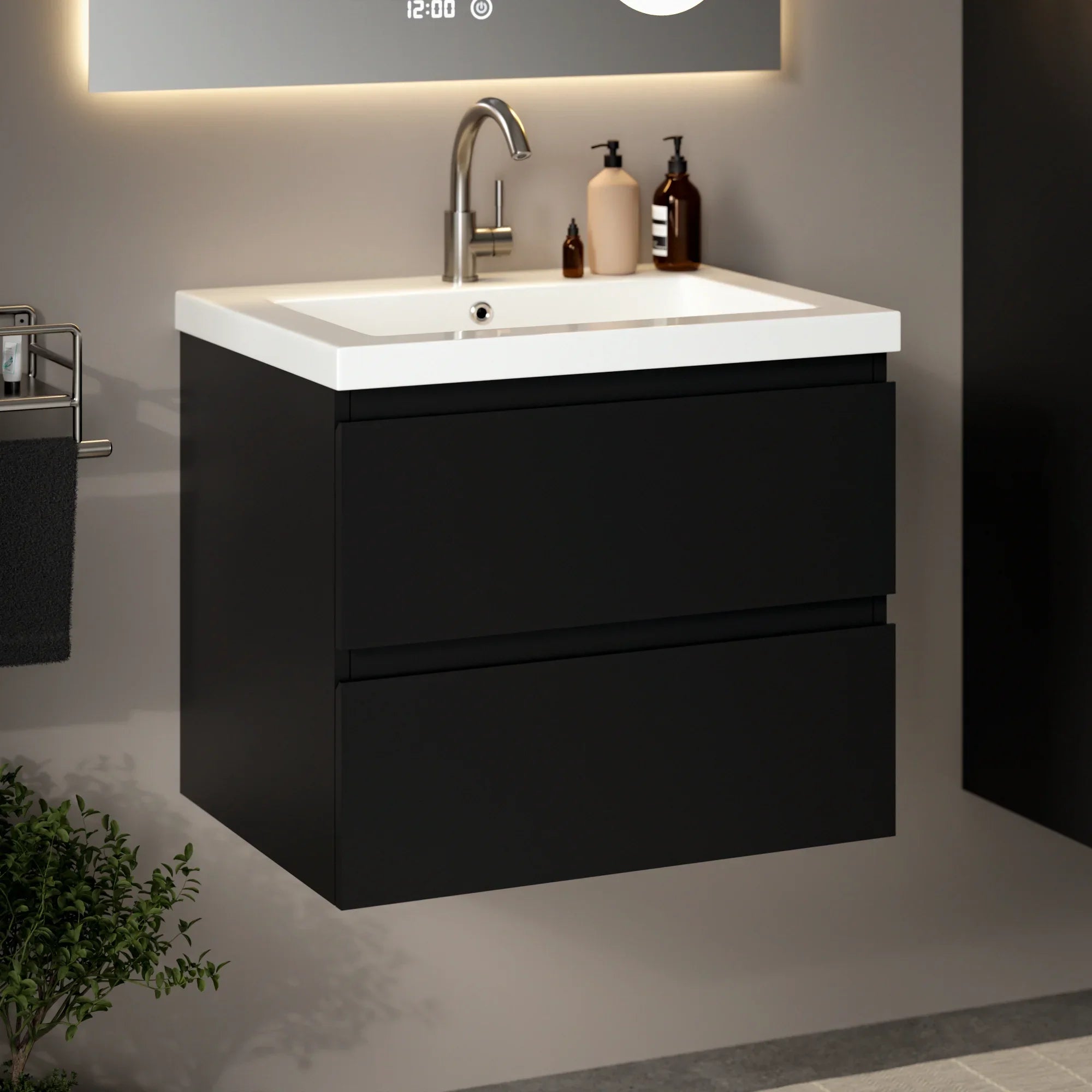 Ensemble meuble vasque Lunaro – 60 cm – Noir Mat – Lavabo Blanc