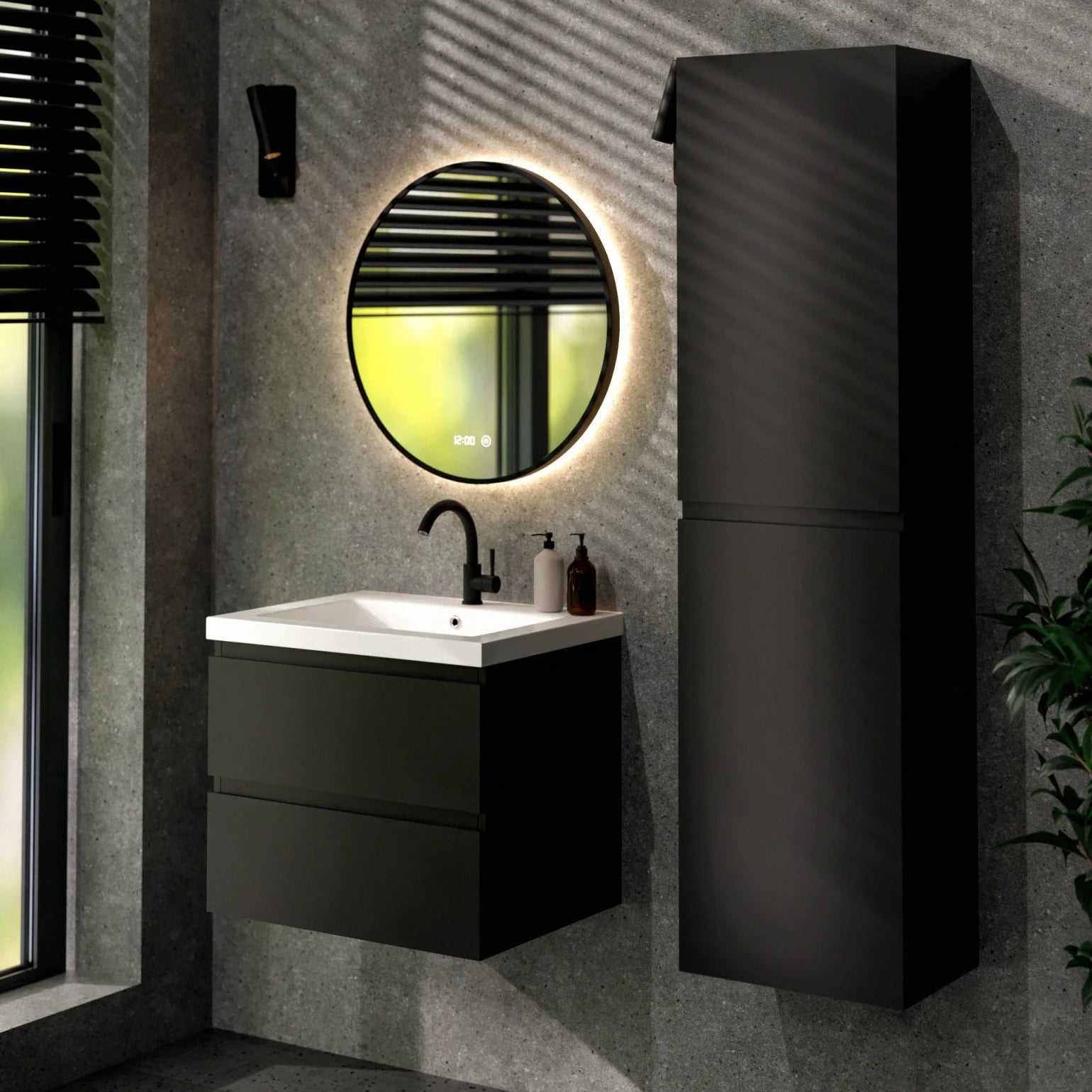 Meuble de salle de bain Karo - 60 cm - Noir mat - Vasque blanche