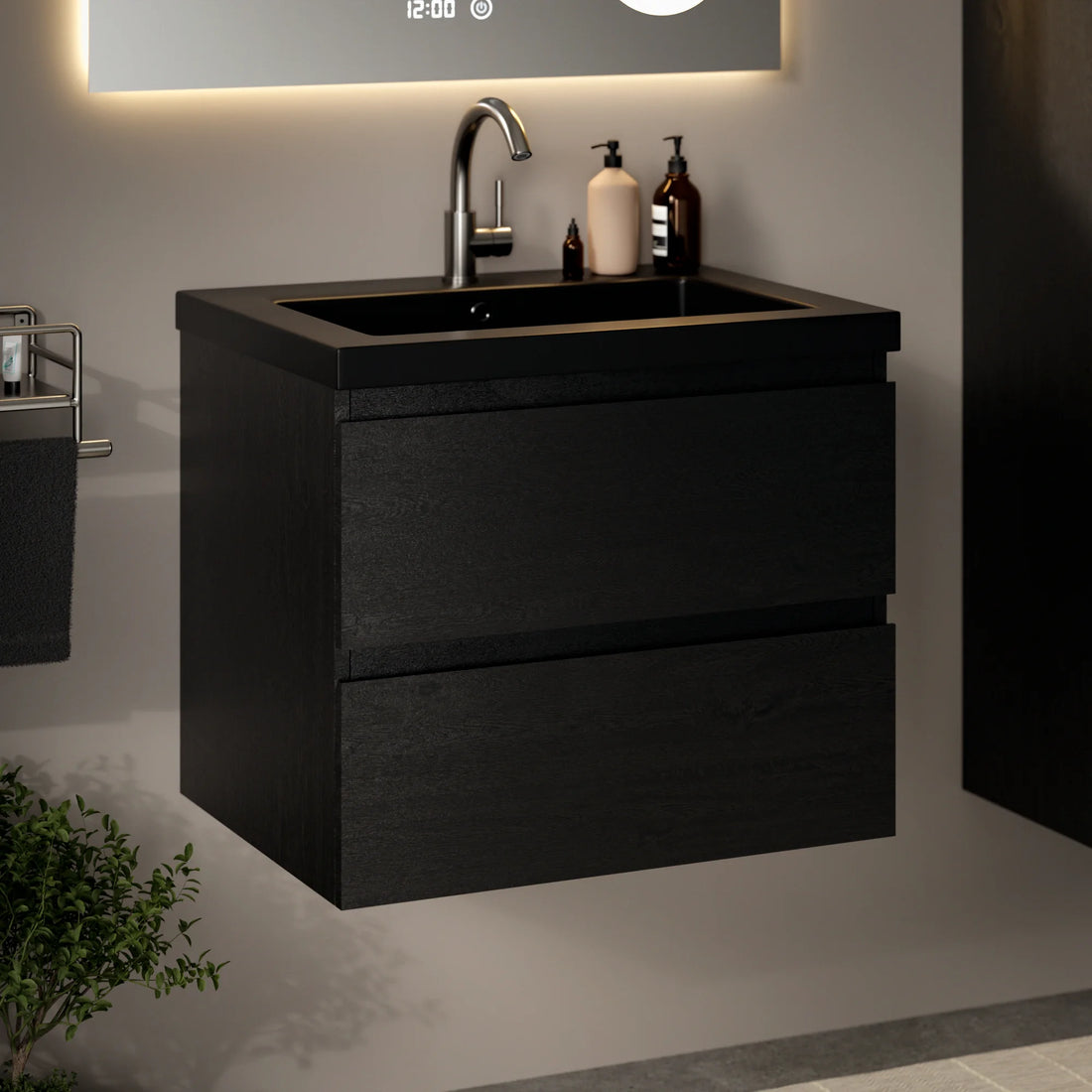 Meuble de salle de bain Karo - 60 cm - Chêne Noir - Lavabo Noir
