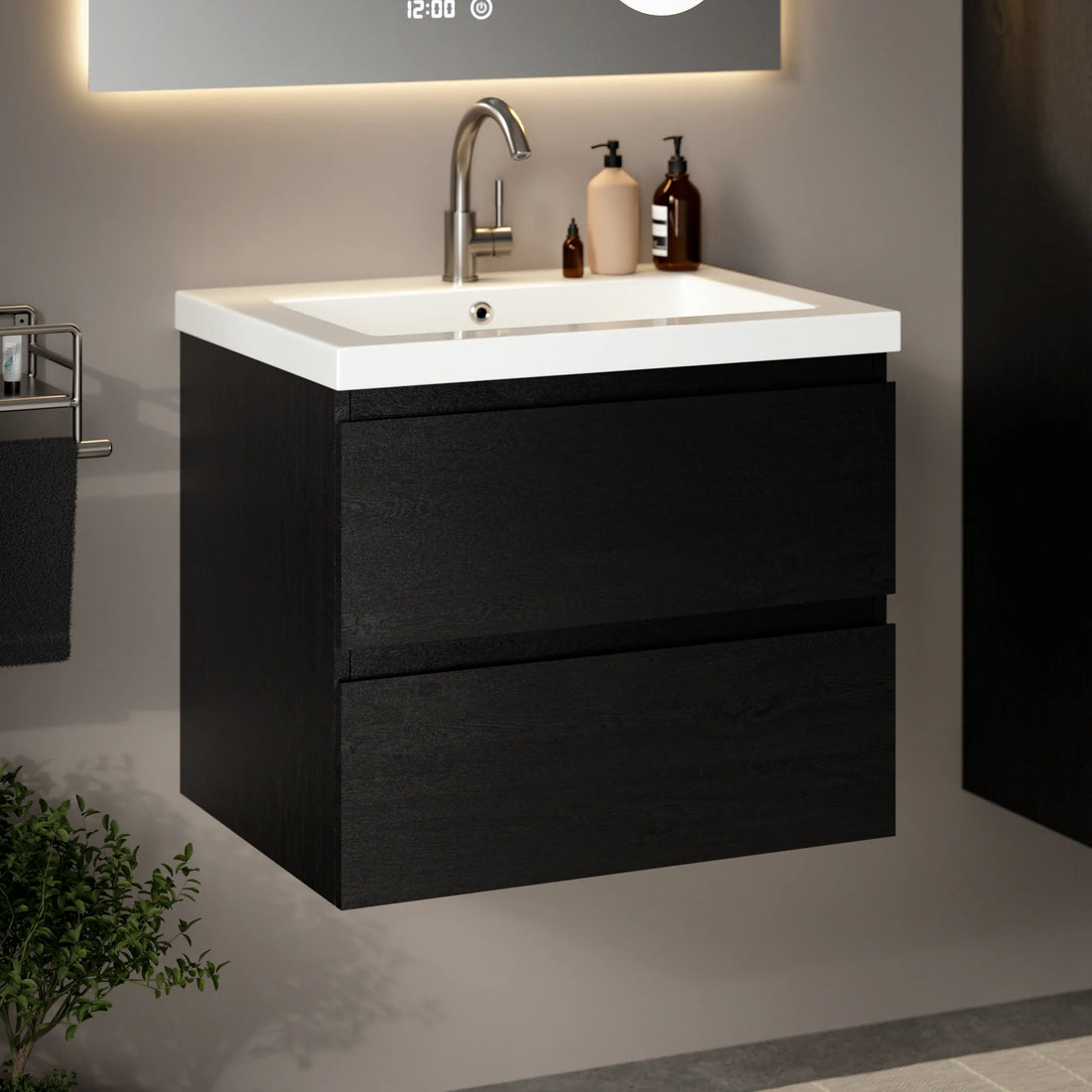 Meuble de salle de bain Karo - 60 cm - Chêne Noir - Lavabo Blanc