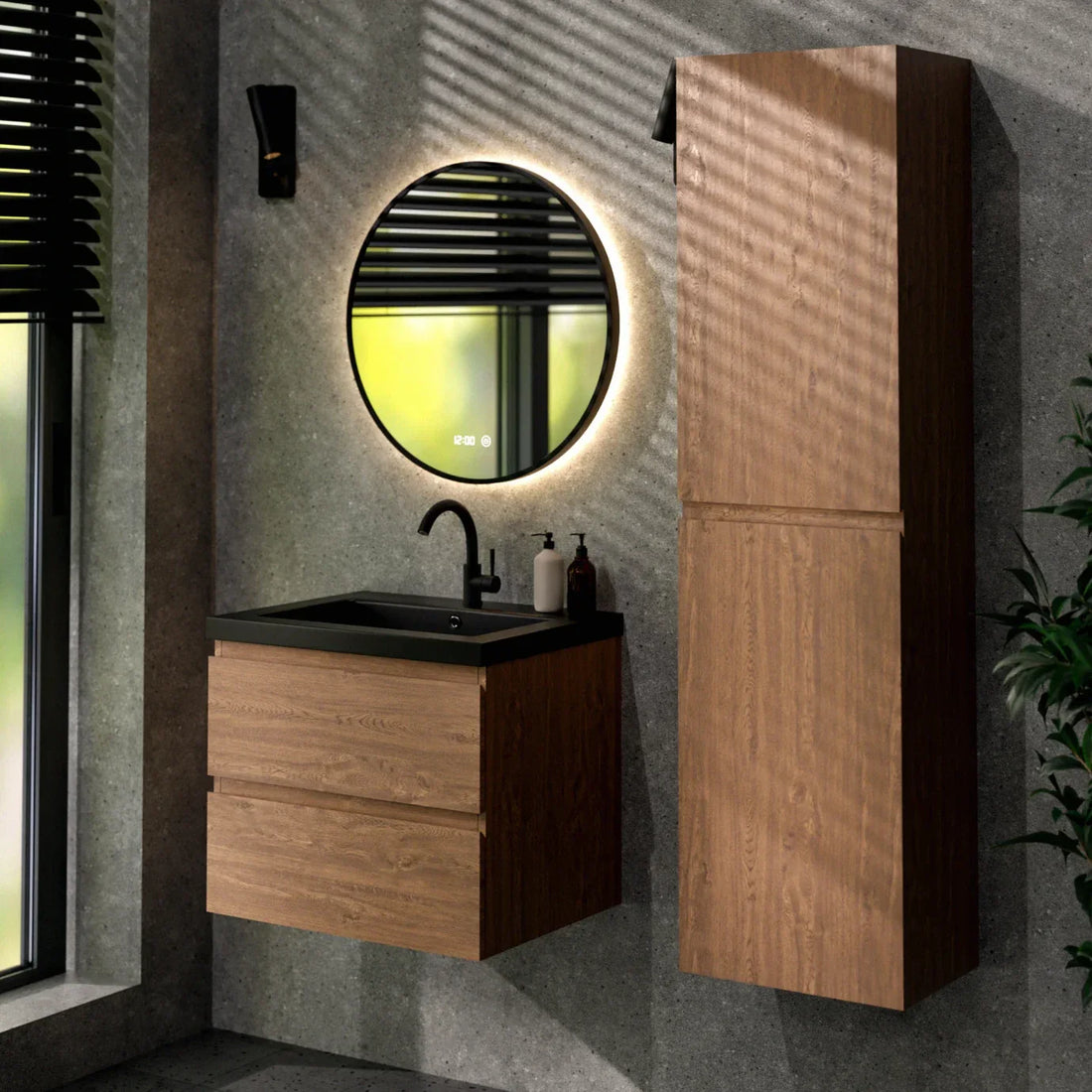 Ensemble de Meubles de salle de bain Verona – 60 cm – Chene Chaud – Lavabo Noir