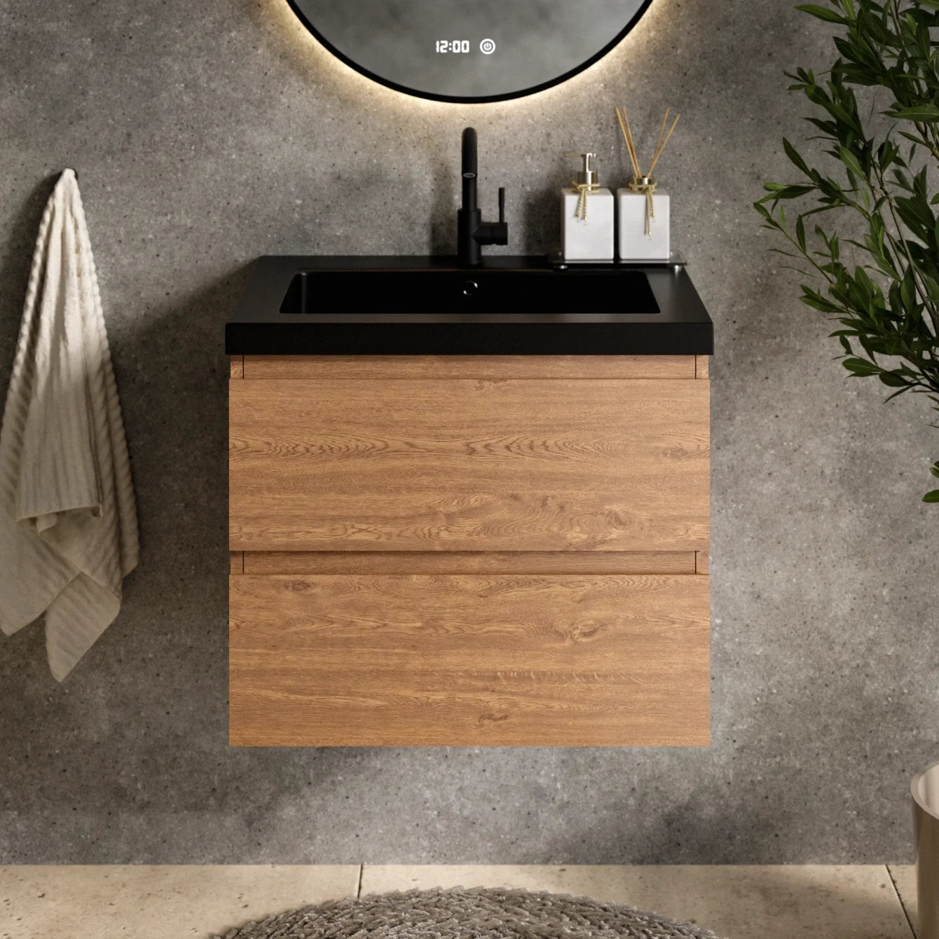 Meuble de salle de bain Karo - 60cm - Chêne Chaud - Vasque noire