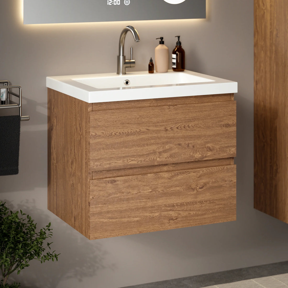 Meuble de salle de bain Karo - 60cm - Chêne Chaud - Lavabo Blanc