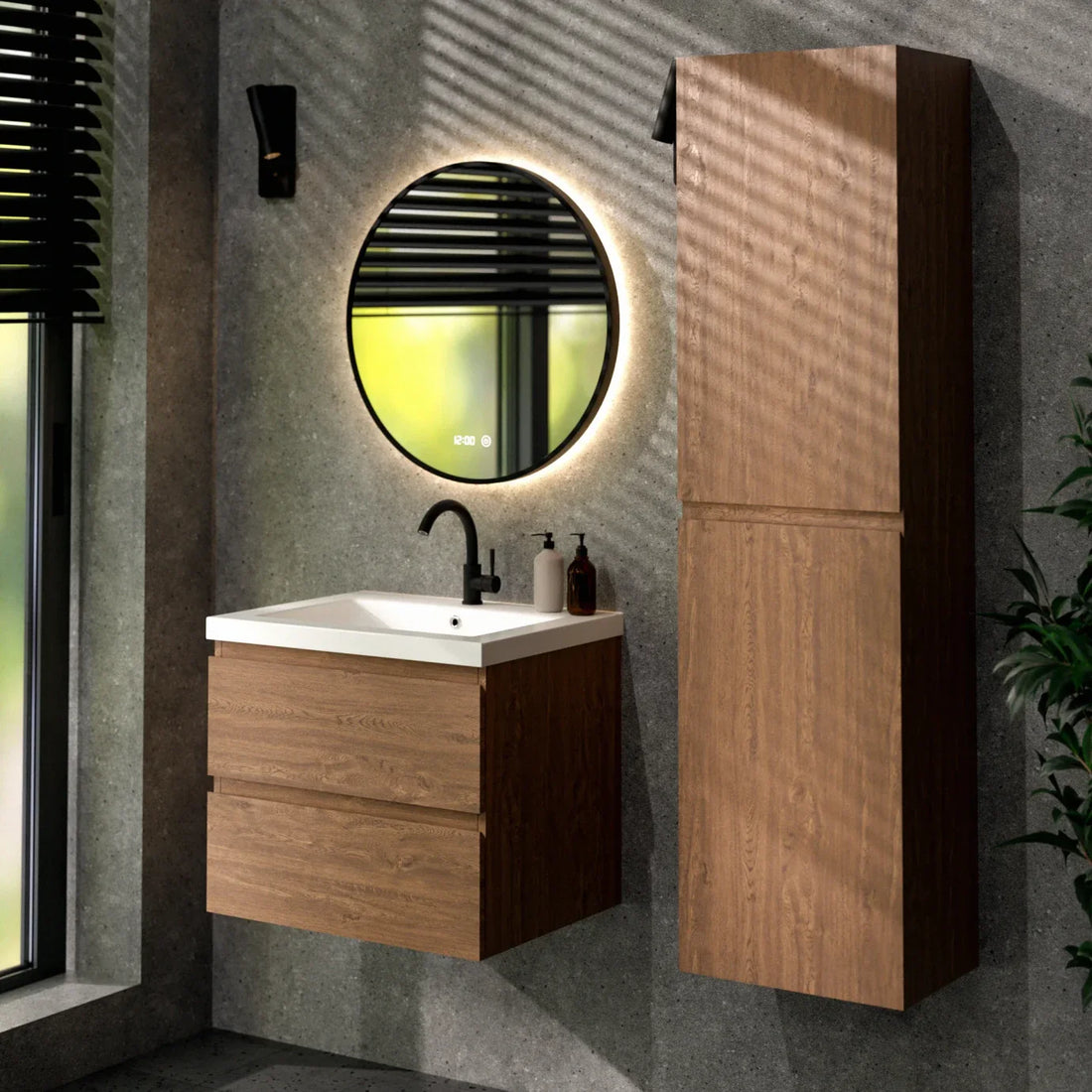 Ensemble de Meubles de salle de bain Valento – 60 cm – Chene Chaud – Lavabo Blanc