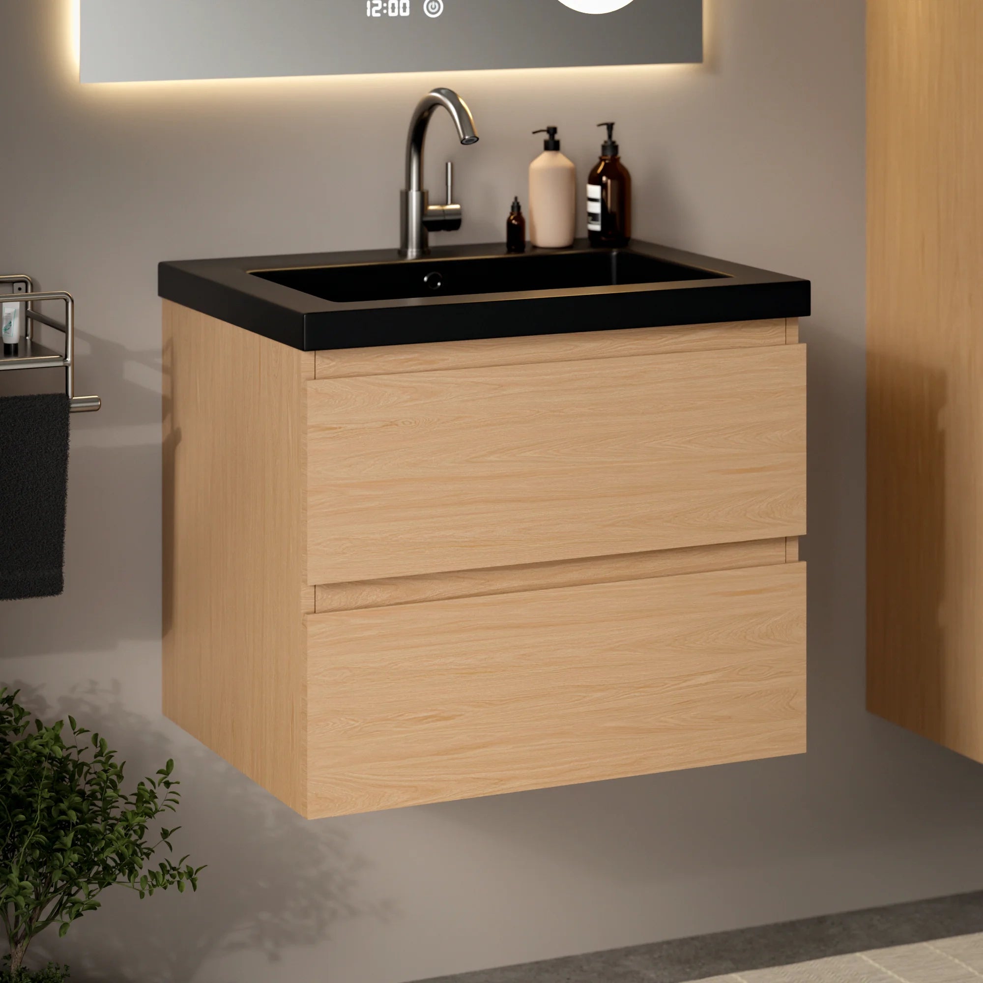 Ensemble meuble vasque Monaco – 60 cm – Chêne Clair – Lavabo Noir