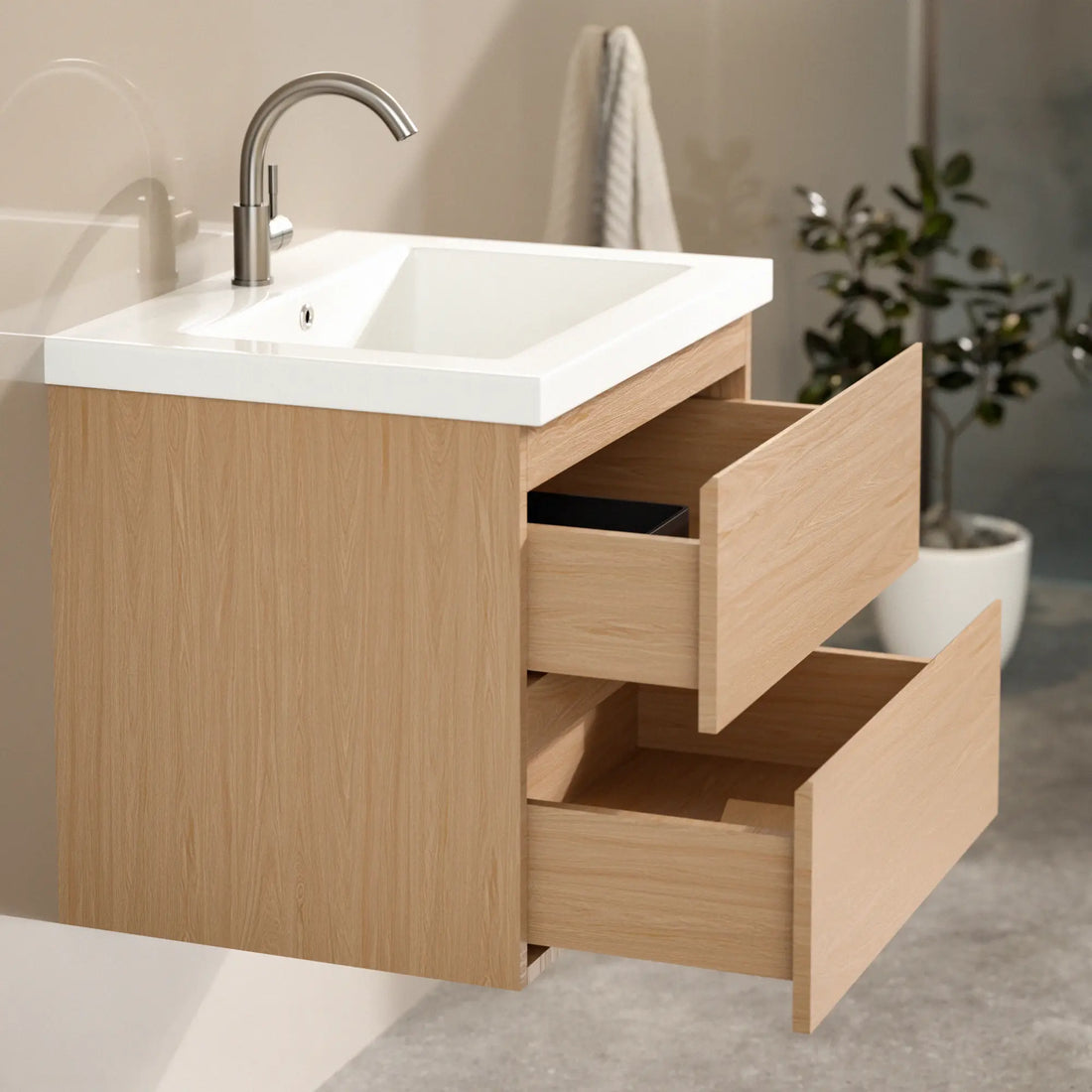 Meuble de salle de bain Karo - 60cm - Chêne Clair - Lavabo Blanc