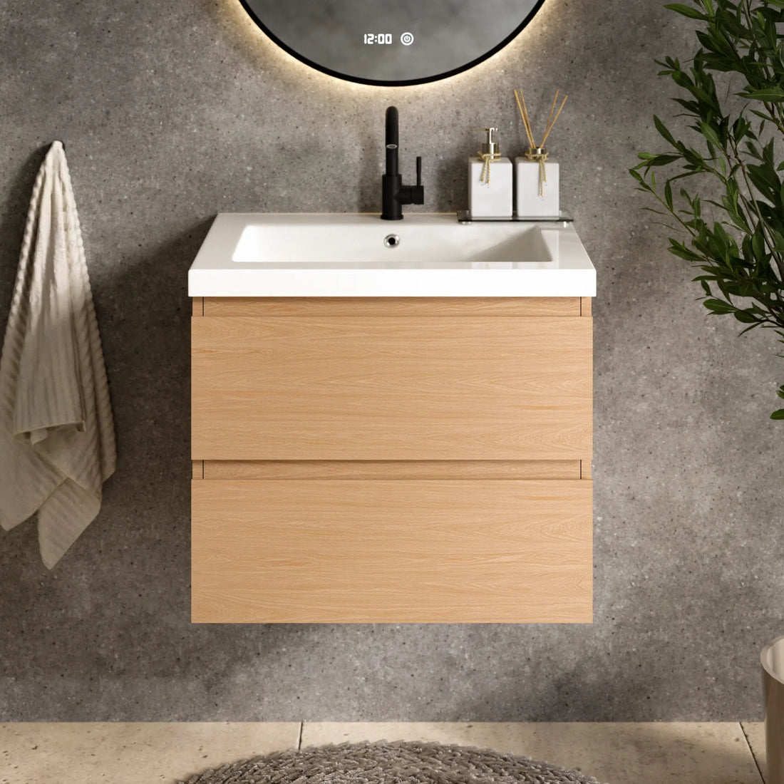 Meuble de salle de bain Karo - 60cm - Chêne Clair - Lavabo Blanc