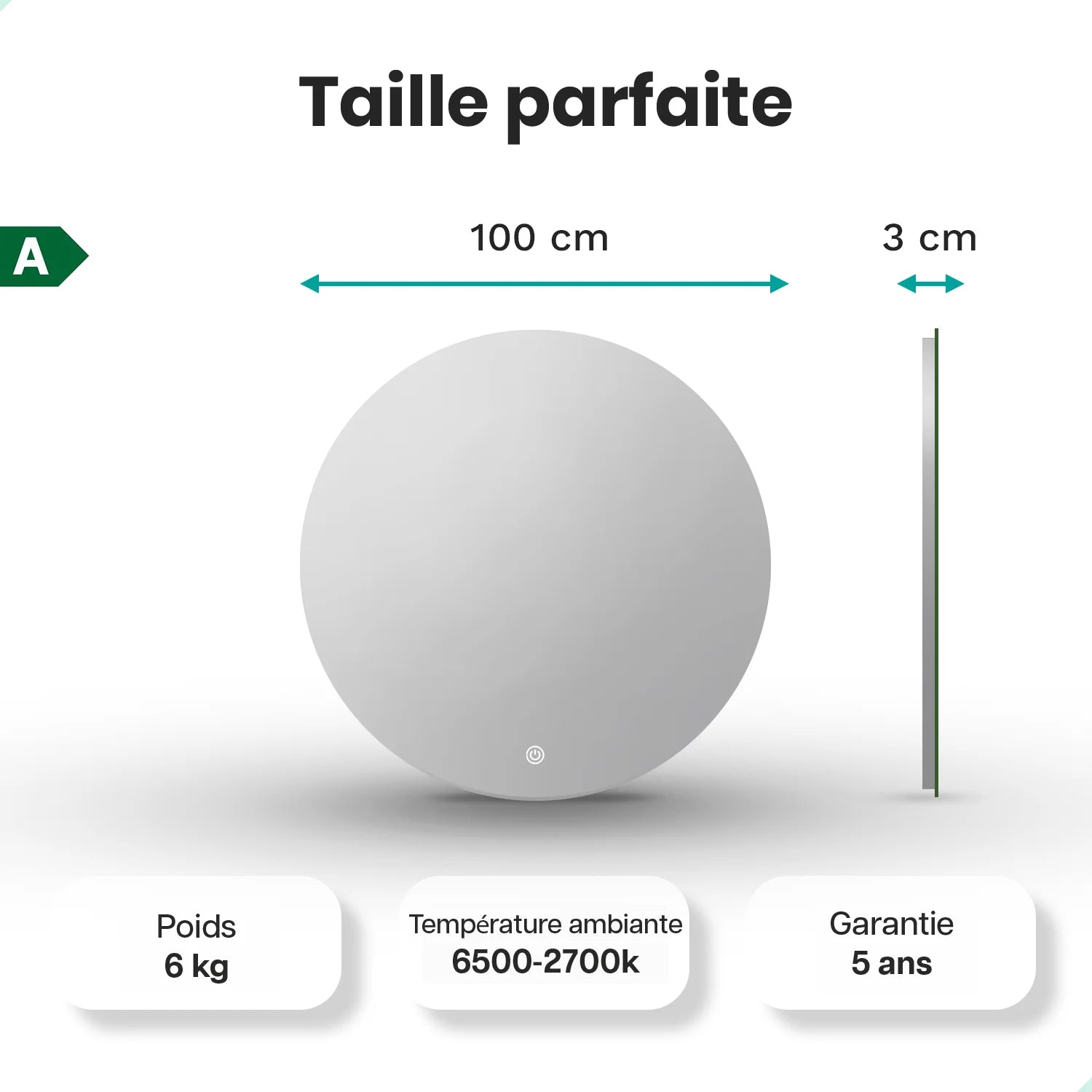 Miroir de salle de bains - 100 cm - Sans cadre