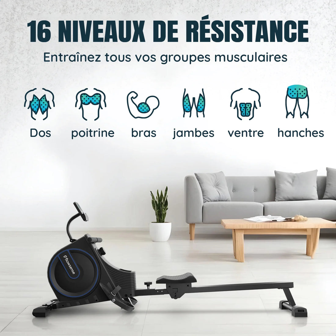 Rameur - 16 niveaux de résistance - Écran LCD