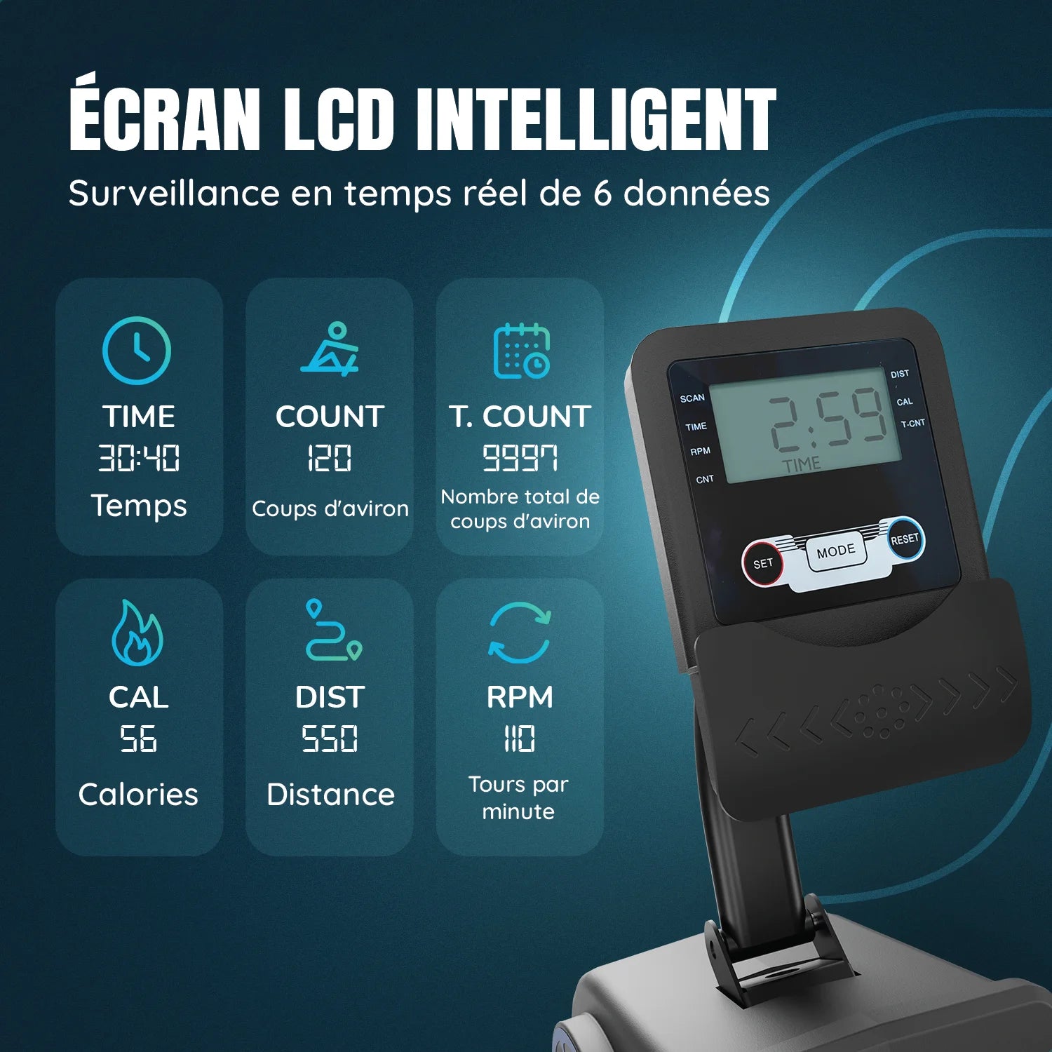 Rameur - 16 niveaux de résistance - Écran LCD