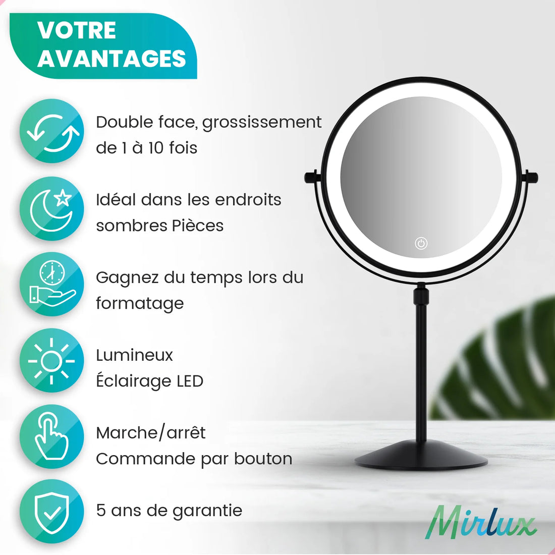 Miroir de maquillage - Hauteur réglable - Noir - Grossissement 1-10x