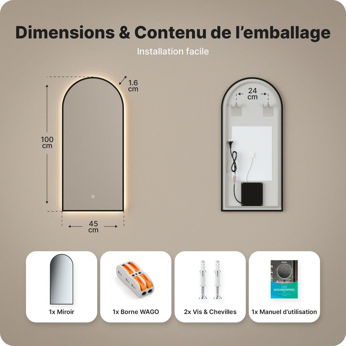 Miroir de salle de bain - 45x100 - Arche - Cadre noir