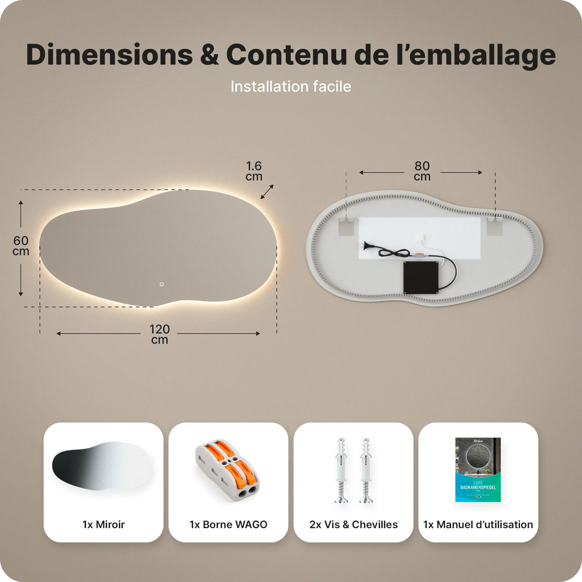 Miroir de salle de bain - 120x60 - Asymétrique - sans cadre - Précommander