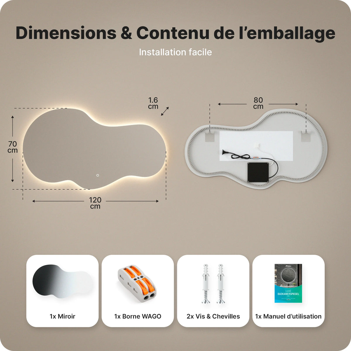 Miroir de salle de bain - 120x70 - Asymétrique - Sans cadre