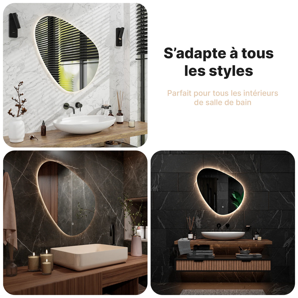 Miroir de salle de bain - 80x80cm Asymétrique - Sans cadre - Précommander