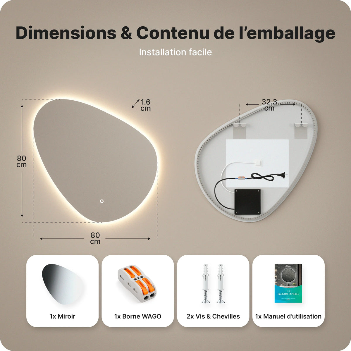 Miroir de salle de bain - 80x80cm Asymétrique - Sans cadre - Précommander