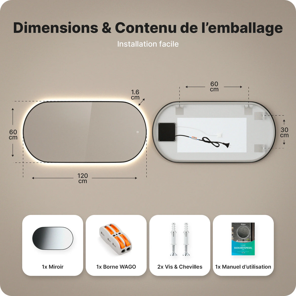 Miroir de salle de bains - 120x60cm Ovale - Cadre noir - Précommander