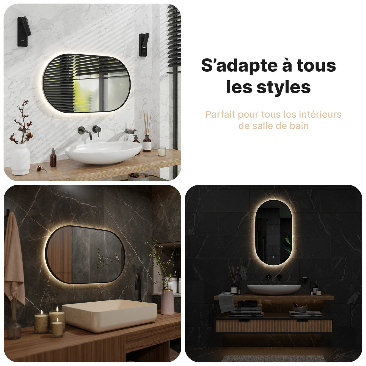 Miroir de Salle de Bain - 90x50cm - Cadre Noir