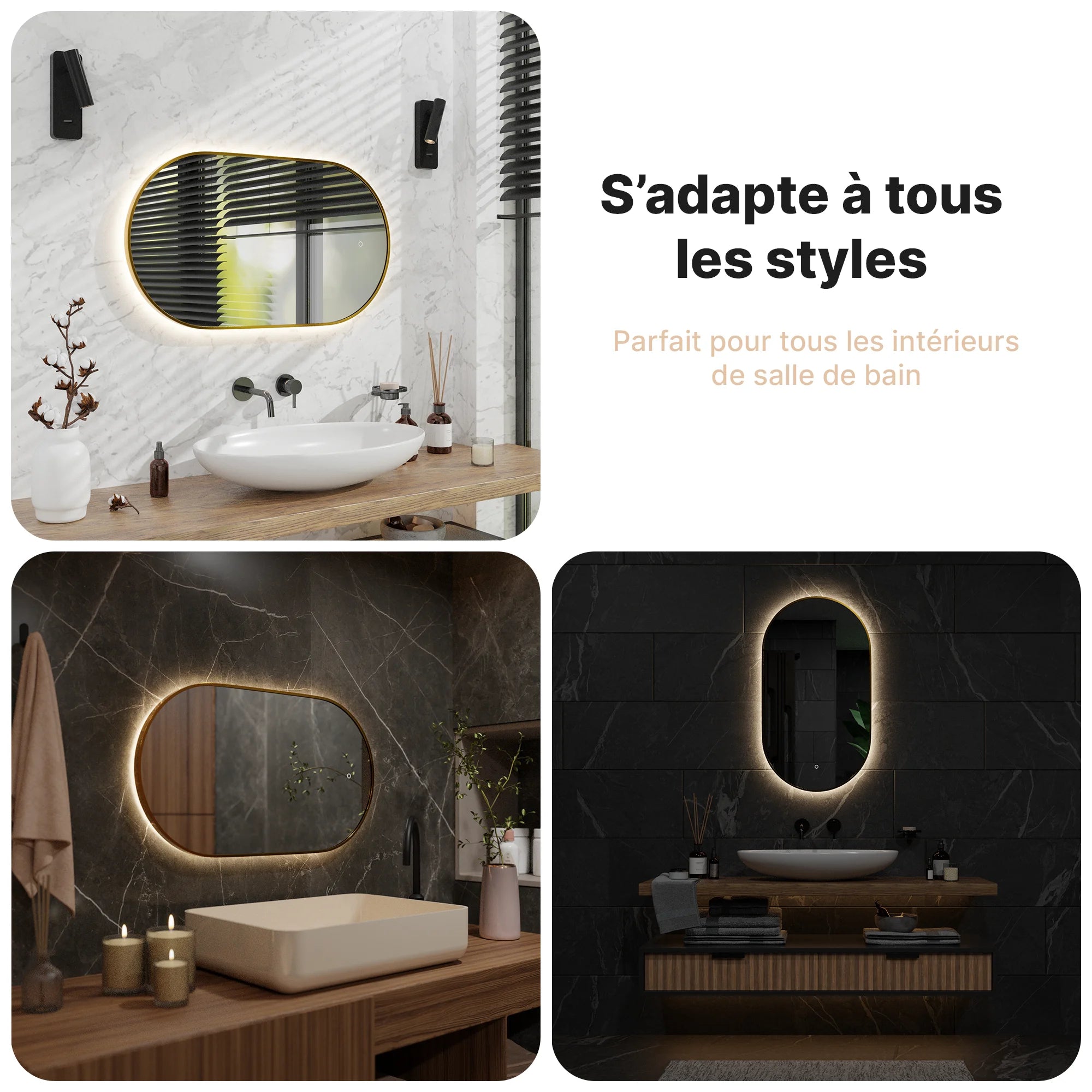 Miroir de salle de bain - 90x50cm Ovale - Cadre Doré - Précommander