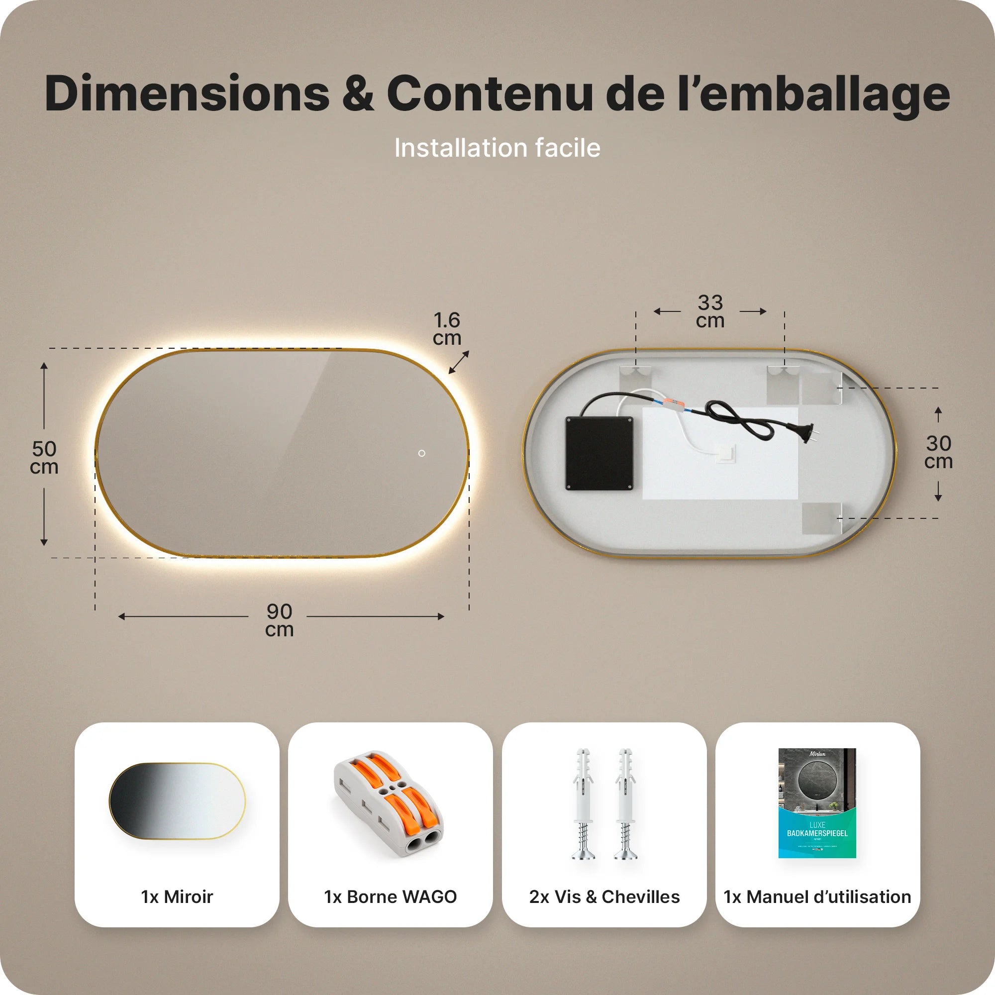Miroir de salle de bain - 90x50cm Ovale - Cadre Doré - Précommander