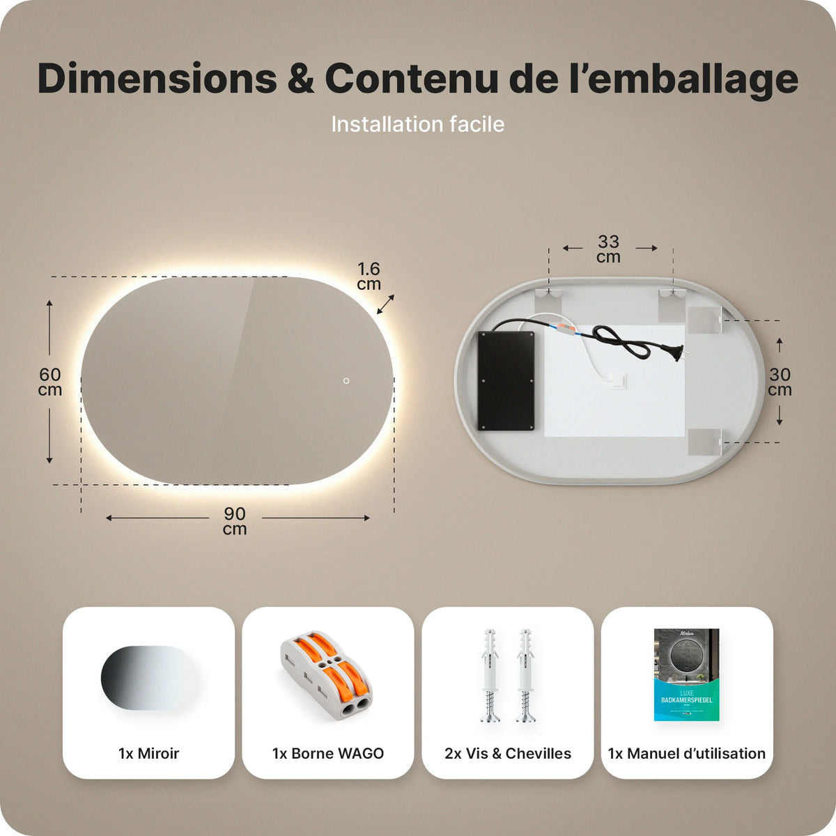 Miroir de salle de bain - 90x60cm - Sans cadre