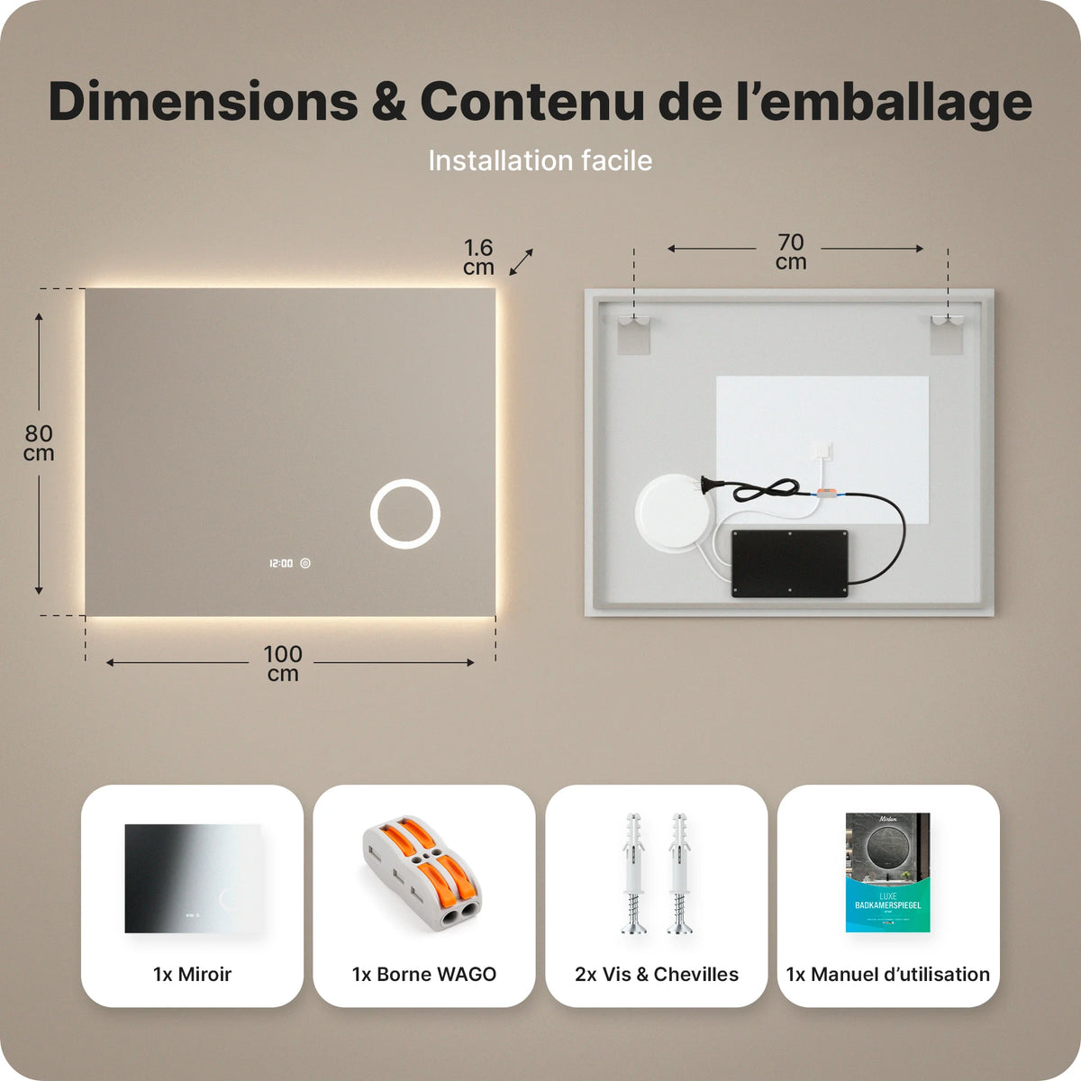 miroir de salle de bain - 100x80 cm - Rectangulaire - Sans Cadre - Précommander