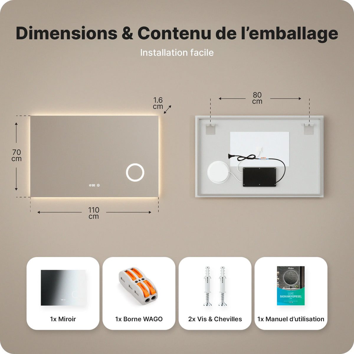 miroir de salle de bain - 110x70cm - rectangulaire - Sans cadre