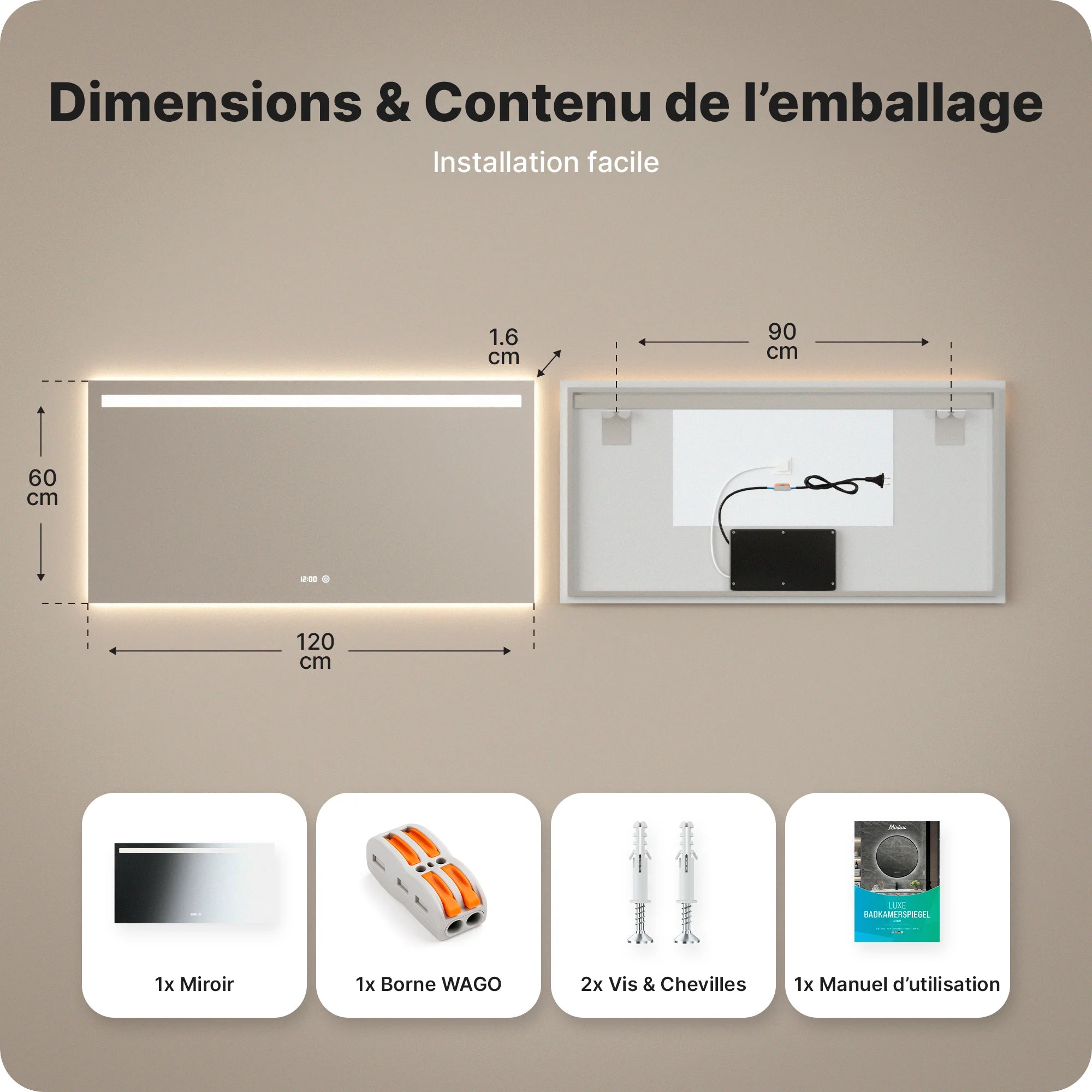 miroir de salle de bain - 120x60 cm - Rectangulaire - Sans Cadre - Précommander