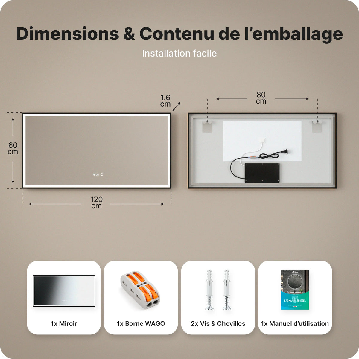 Miroir de salle de bain - 120x60 - Rectangulaire - Cadre noir - Précommander